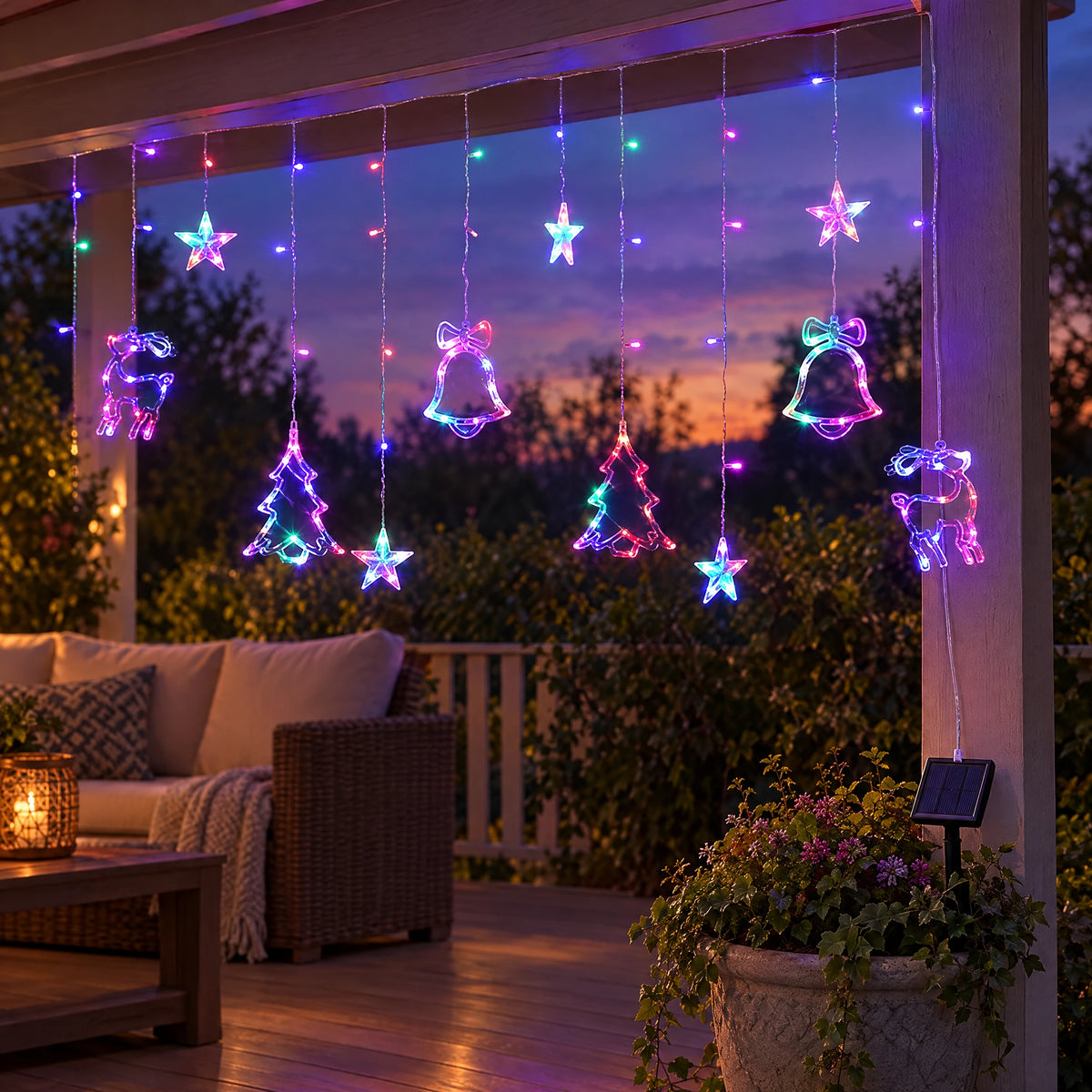 Star Curtain String Lights with Moon and Wishing Ball Styles - Christmas Three-Piece Set Colorful - Solar 8 Functions