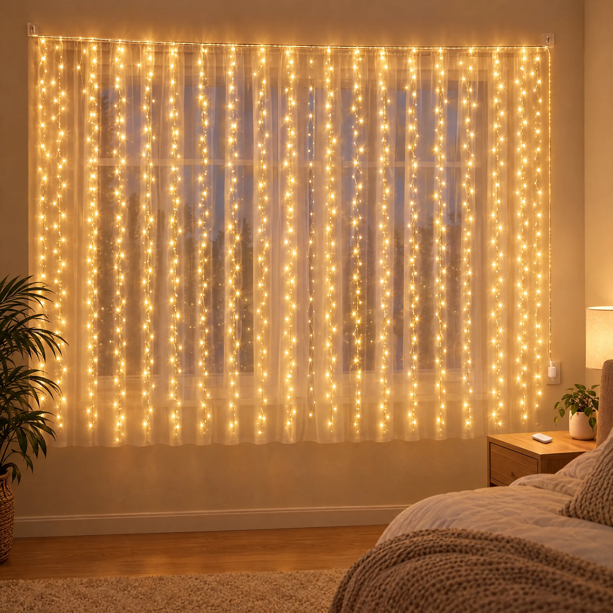 Curtain LED Fairy Lights with Remote, Hooks, and USB Power - Warm White - With Hooks 118.11X78.74 in with Remote Control Model