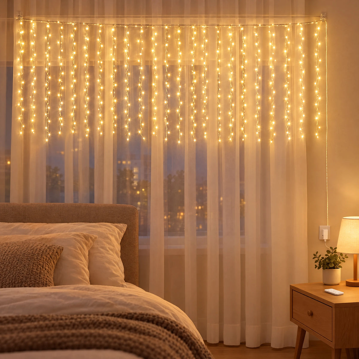 Curtain LED Fairy Lights with Remote, Hooks, and USB Power - Warm White - With Hooks 118.11X39.37 in with Remote Control Model
