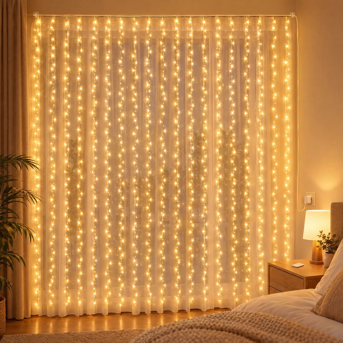 Curtain LED Fairy Lights with Remote, Hooks, and USB Power - Warm White - With Hooks 118.11X118.11 in with Remote Control Model