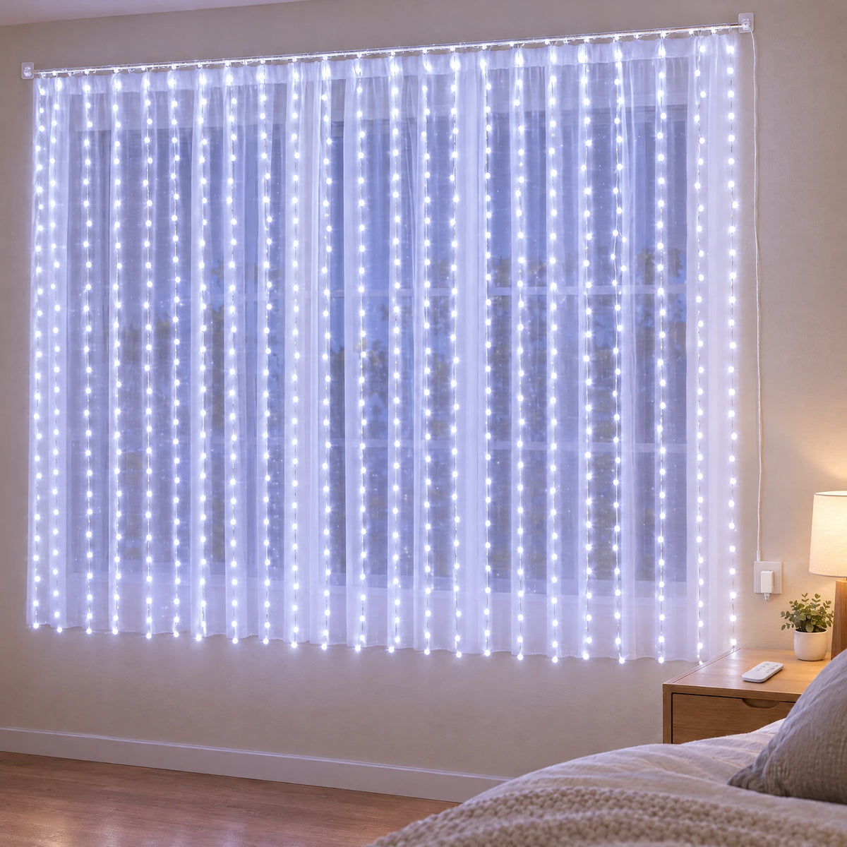 Curtain LED Fairy Lights with Remote, Hooks, and USB Power - Pure White - With Hooks 118.11X78.74 in with Remote Control Model