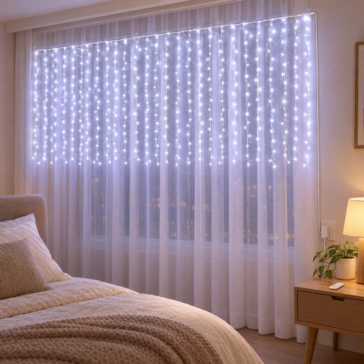 Curtain LED Fairy Lights with Remote, Hooks, and USB Power - Pure White - With Hooks 118.11X39.37 in with Remote Control Model