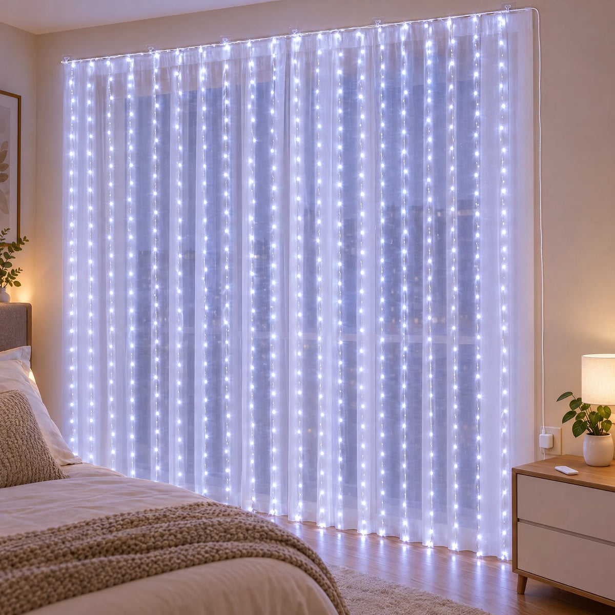 Curtain LED Fairy Lights with Remote, Hooks, and USB Power - Pure White - With Hooks 118.11X118.11 in with Remote Control Model
