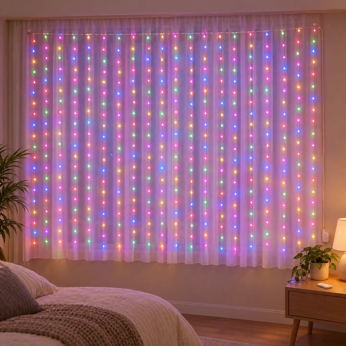 Curtain LED Fairy Lights with Remote, Hooks, and USB Power - Colorful - With Hooks 118.11X78.74 in with Remote Control Model