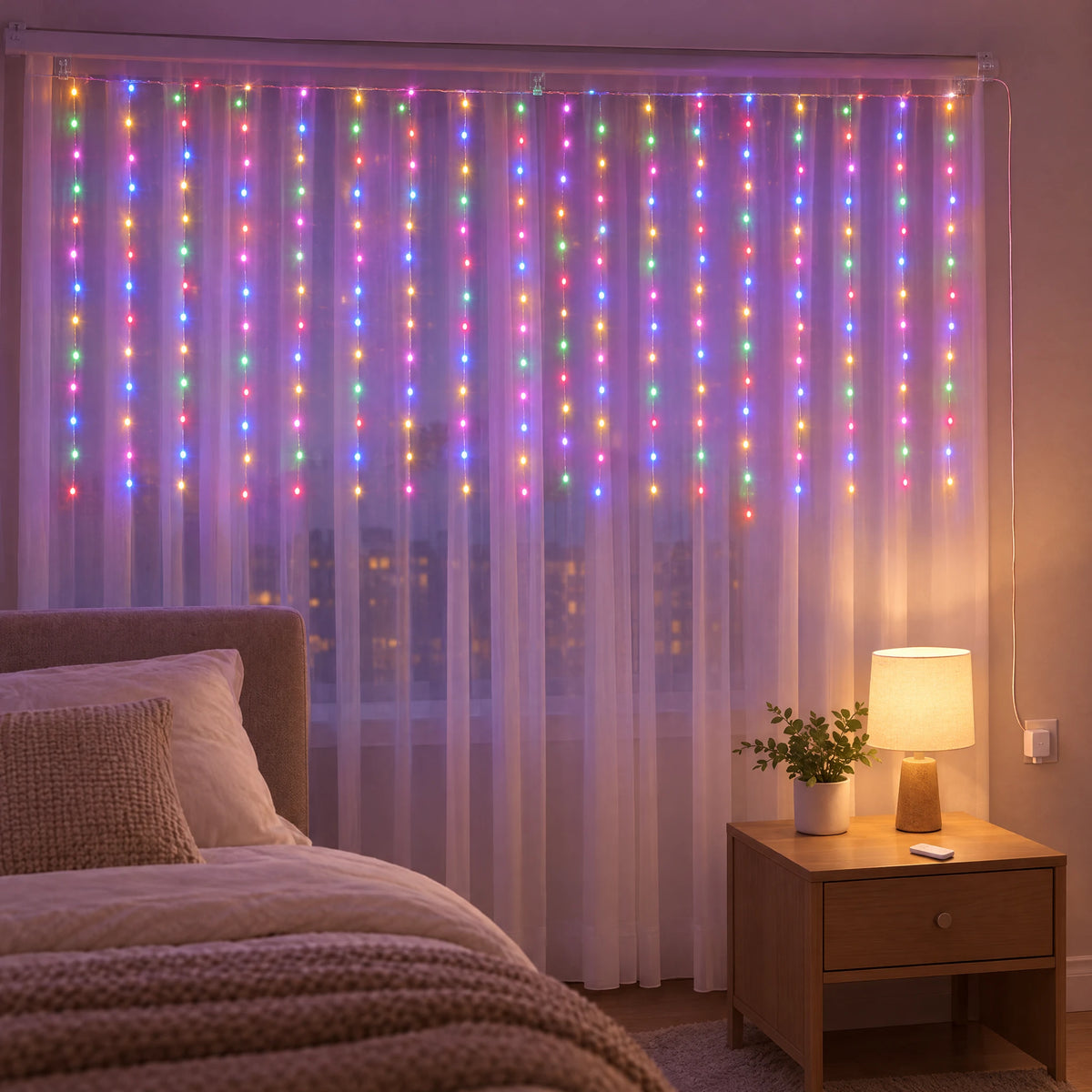 Curtain LED Fairy Lights with Remote, Hooks, and USB Power - Colorful - With Hooks 118.11X39.37 in with Remote Control Model