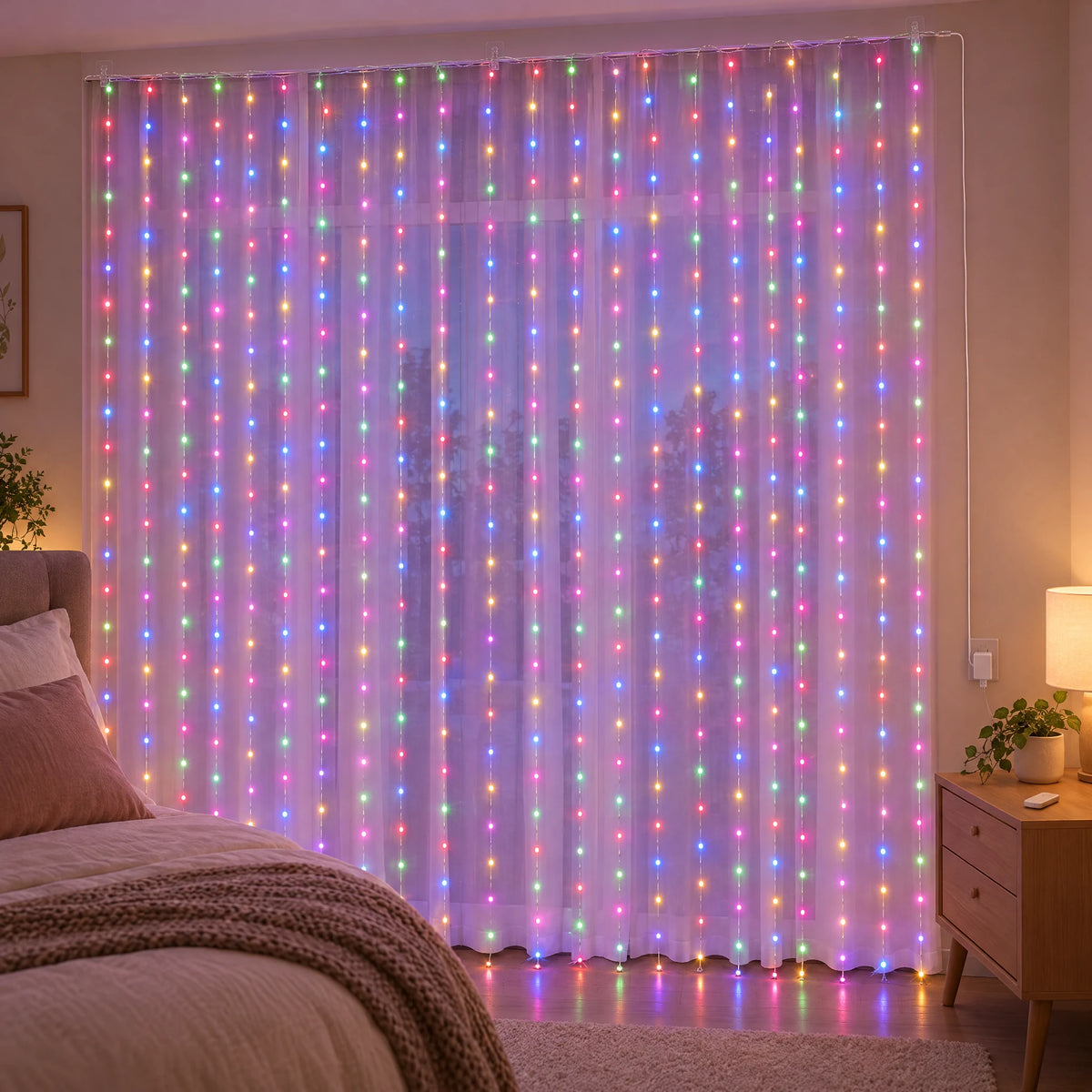 Curtain LED Fairy Lights with Remote, Hooks, and USB Power - Colorful - With Hooks 118.11X118.11 in with Remote Control Model