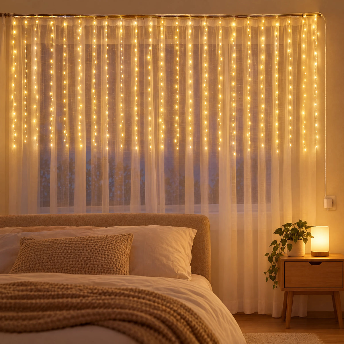 Waterfall Curtain LED Fairy Lights in 6 Colors, USB or Solar Powered - Warm Color - [Steady-On USB Model] 118.11*39.37 in 100 Lights