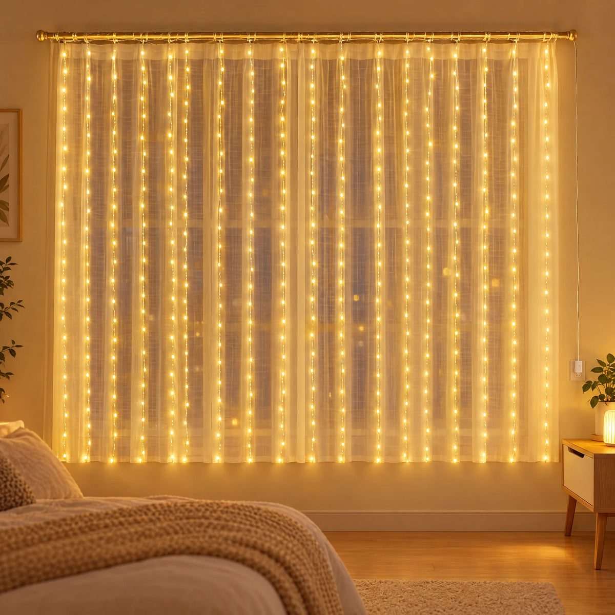 Waterfall Curtain LED Fairy Lights in 6 Colors, USB or Solar Powered - Warm Color - [Steady-On USB Model] 118.11*78.74 in 200 Lights