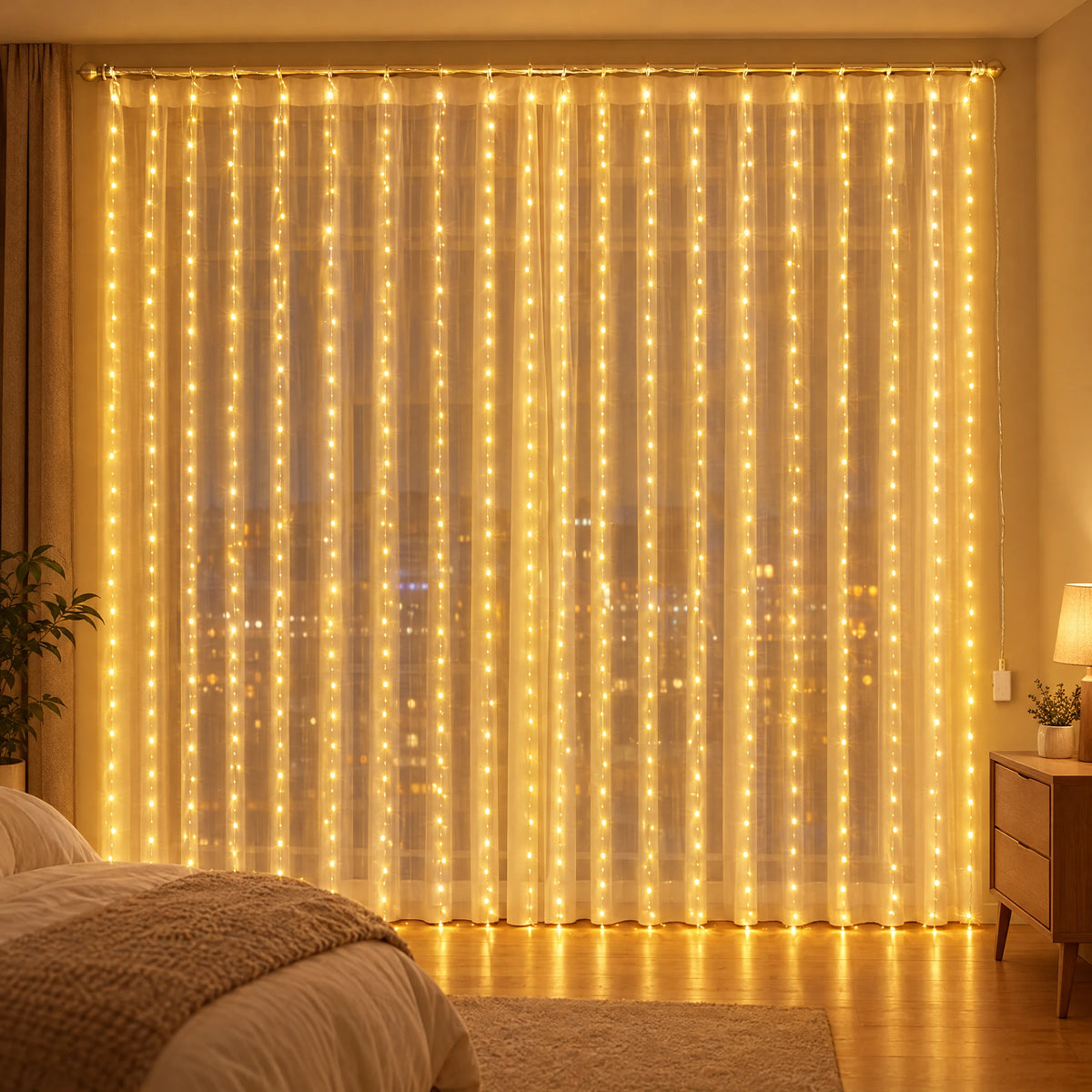 Waterfall Curtain LED Fairy Lights in 6 Colors, USB or Solar Powered - Warm Color - [Steady-On USB Model] 118.11*118.11 in 300 Lights