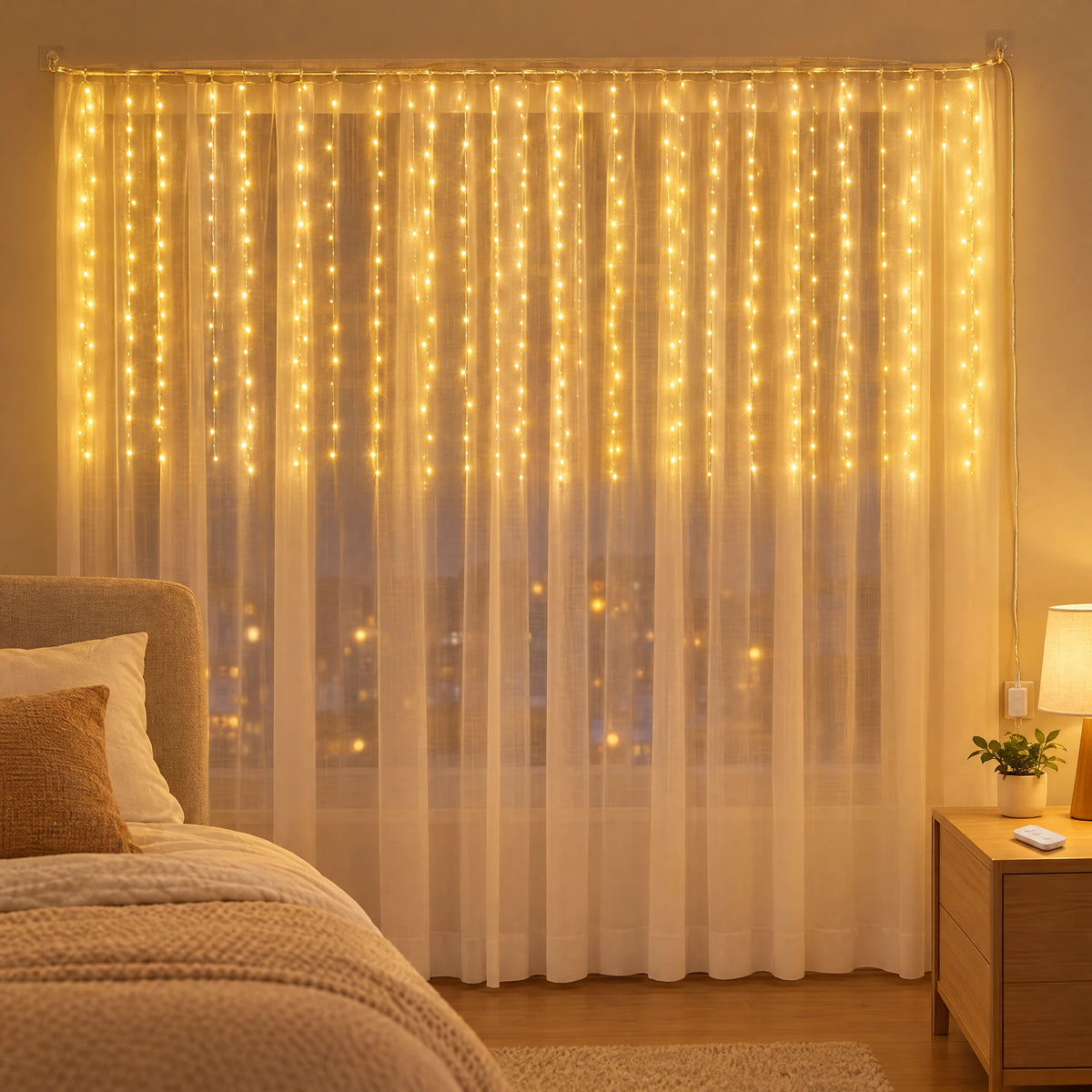 Waterfall Curtain LED Fairy Lights in 6 Colors, USB or Solar Powered - Warm Color - [Hook Model] 118.11*39.37 in 100 Lights (Remote Control USB Model)