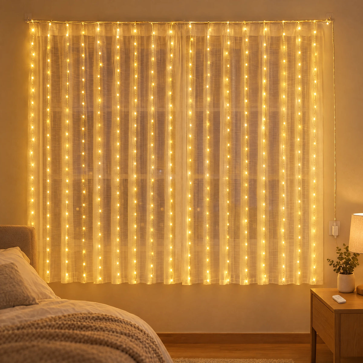 Waterfall Curtain LED Fairy Lights in 6 Colors, USB or Solar Powered - Warm Color - [Hook Model] 118.11*78.74 in 200 Lights (Remote Control USB Model)