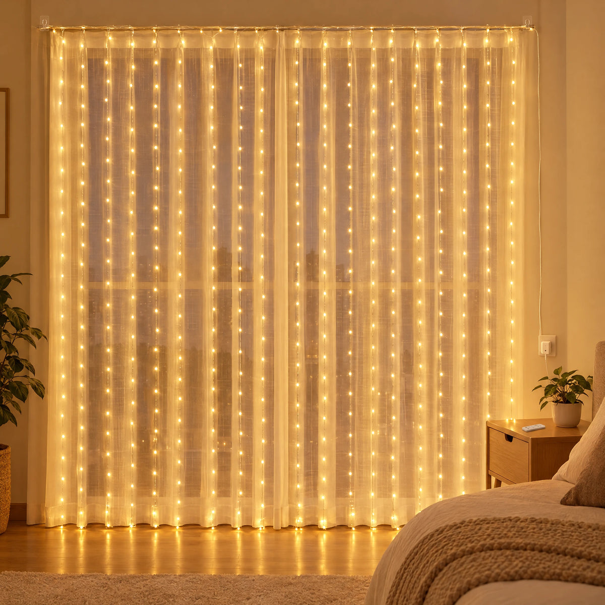 Waterfall Curtain LED Fairy Lights in 6 Colors, USB or Solar Powered - Warm Color - [Hook Model] 118.11*118.11 in 300 Lights (Remote Control USB Model)