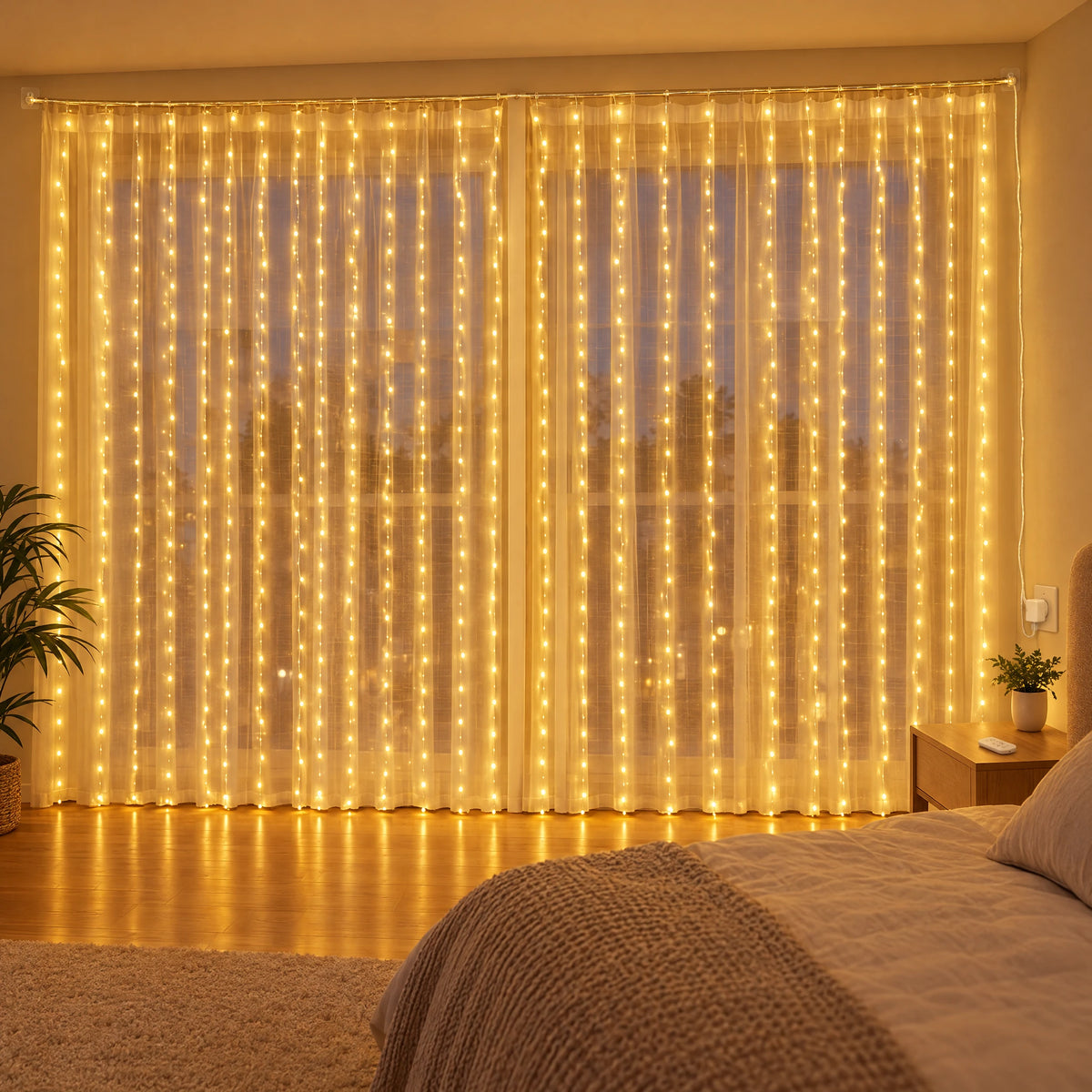 Waterfall Curtain LED Fairy Lights in 6 Colors, USB or Solar Powered - Warm Color - [Hook Model] 236.22*118.11 in 600 Lights (Remote Control USB Model)