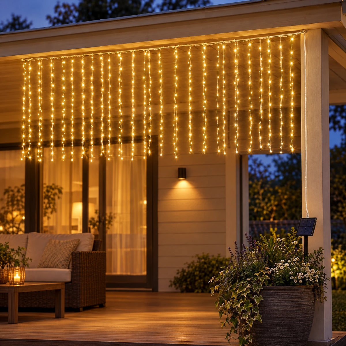 Waterfall Curtain LED Fairy Lights in 6 Colors, USB or Solar Powered - Warm Color - [Solar Model] 118.11*39.37 in 100 Lights