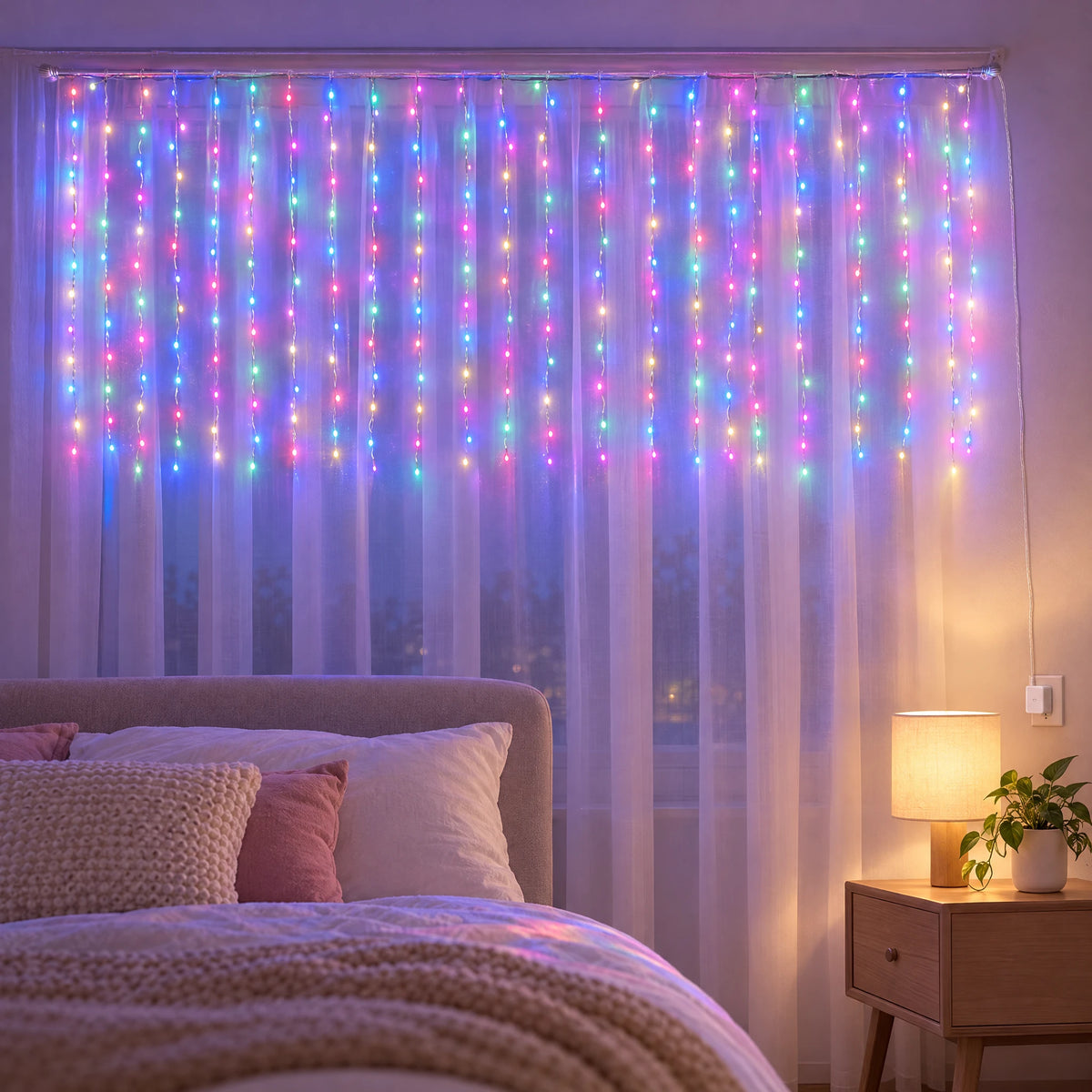 Waterfall Curtain LED Fairy Lights in 6 Colors, USB or Solar Powered - Colorful - [Steady-On USB Model] 118.11*39.37 in 100 Lights