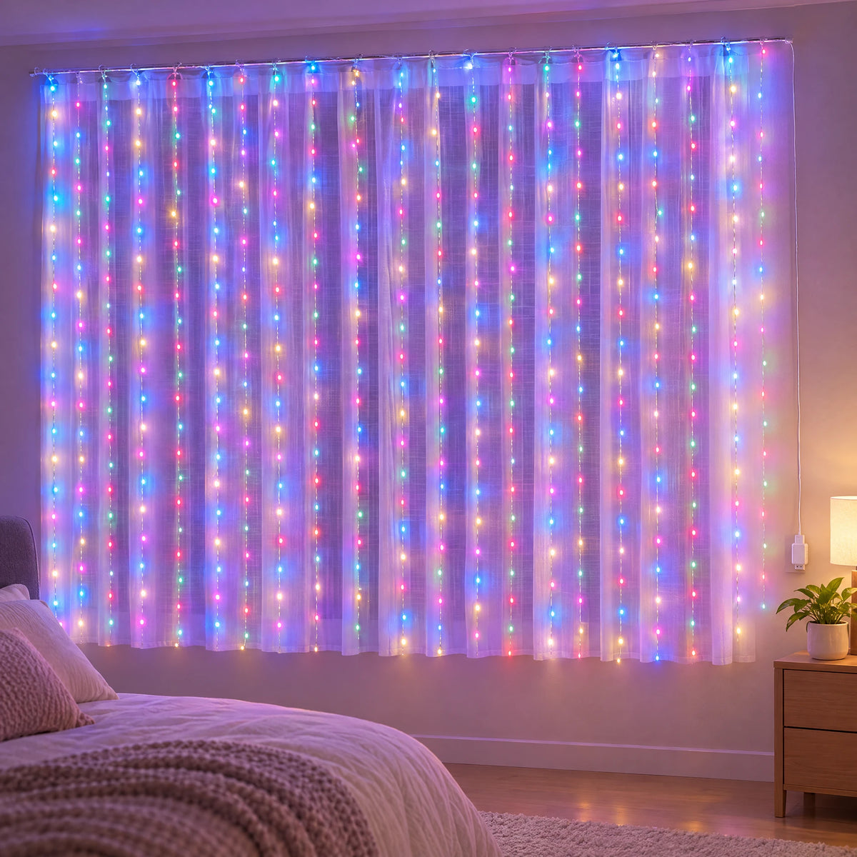 Waterfall Curtain LED Fairy Lights in 6 Colors, USB or Solar Powered - Colorful - [Steady-On USB Model] 118.11*78.74 in 200 Lights
