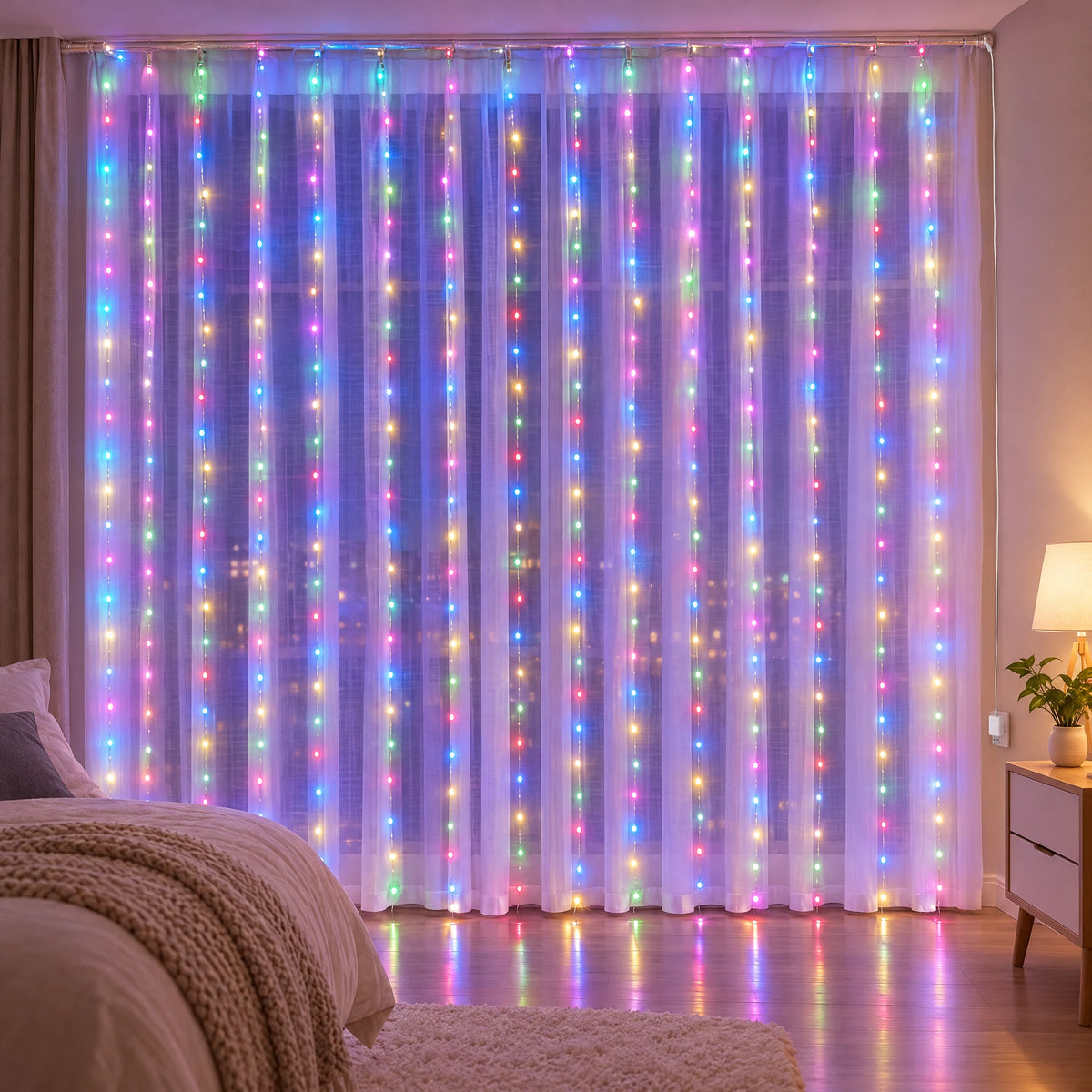 Waterfall Curtain LED Fairy Lights in 6 Colors, USB or Solar Powered - Colorful - [Steady-On USB Model] 118.11*118.11 in 300 Lights