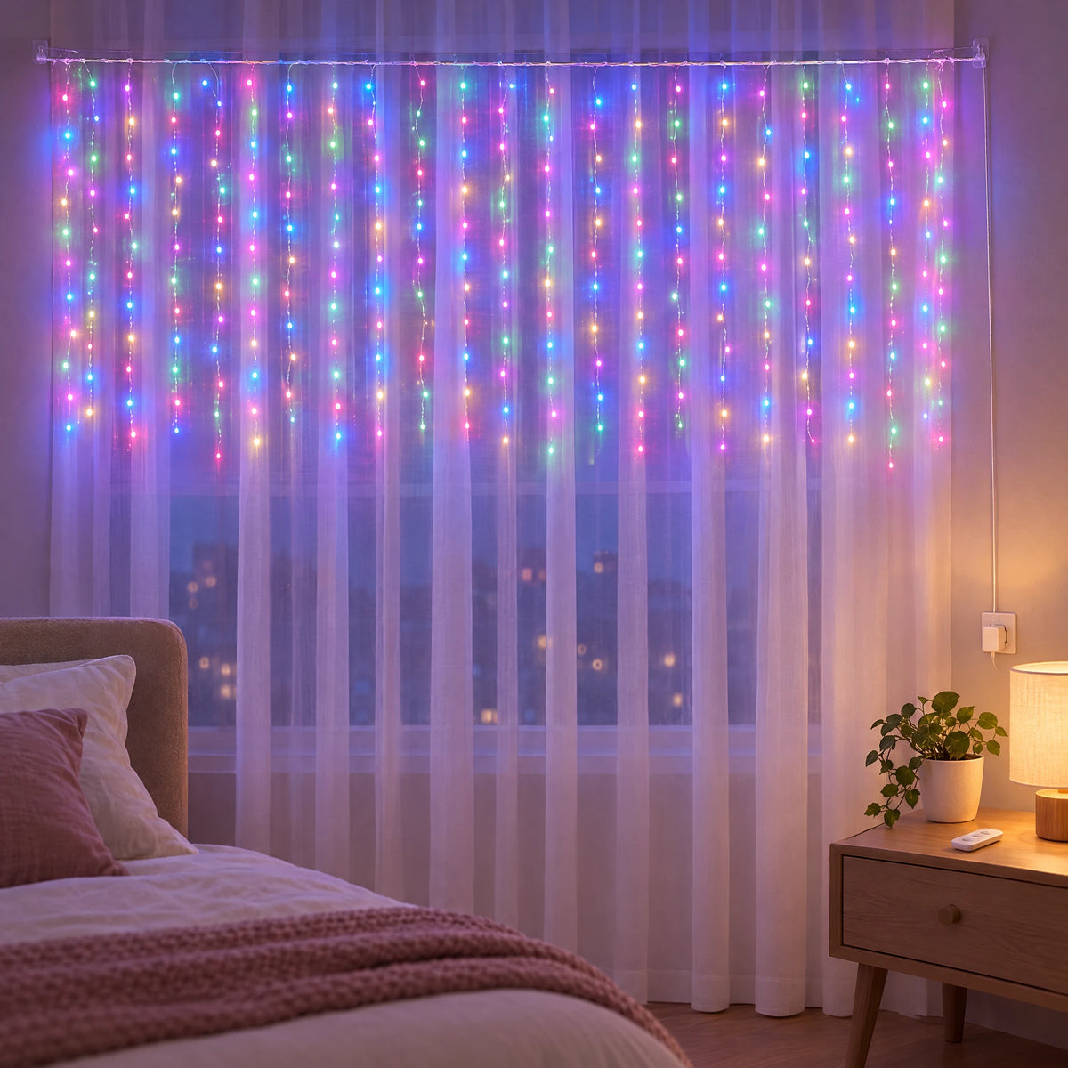 Waterfall Curtain LED Fairy Lights in 6 Colors, USB or Solar Powered - Colorful - [Hook Model] 118.11*39.37 in 100 Lights (Remote Control USB Model)
