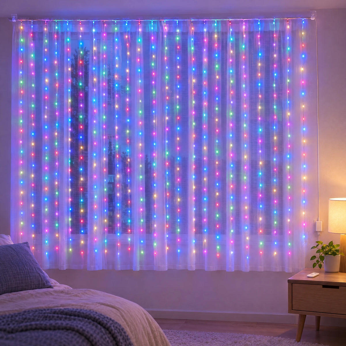 Waterfall Curtain LED Fairy Lights in 6 Colors, USB or Solar Powered - Colorful - [Hook Model] 118.11*78.74 in 200 Lights (Remote Control USB Model)