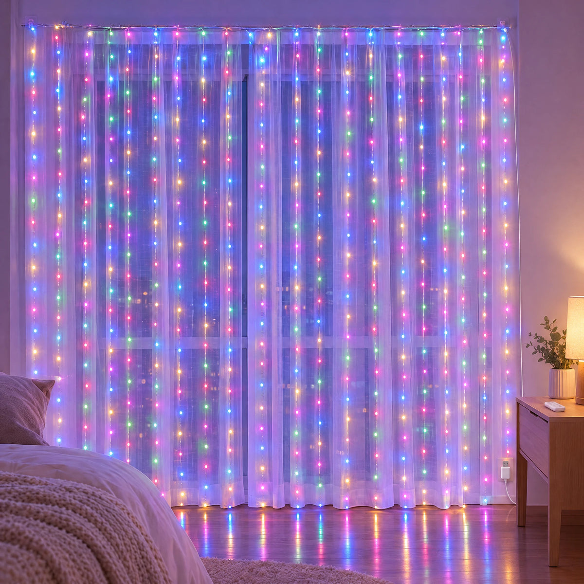 Waterfall Curtain LED Fairy Lights in 6 Colors, USB or Solar Powered - Colorful - [Hook Model] 118.11*118.11 in 300 Lights (Remote Control USB Model)