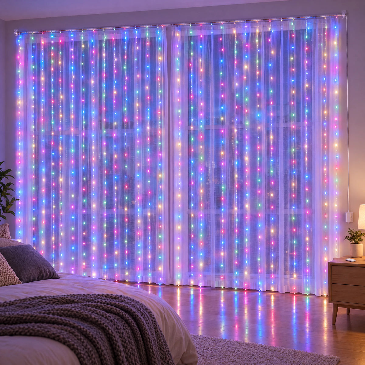 Waterfall Curtain LED Fairy Lights in 6 Colors, USB or Solar Powered - Colorful - [Hook Model] 236.22*118.11 in 600 Lights (Remote Control USB Model)