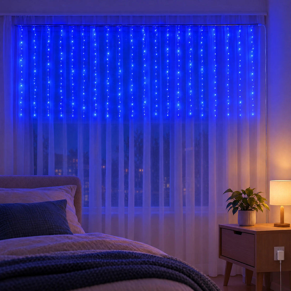 Waterfall Curtain LED Fairy Lights in 6 Colors, USB or Solar Powered - Blue - [Steady-On USB Model] 118.11*39.37 in 100 Lights