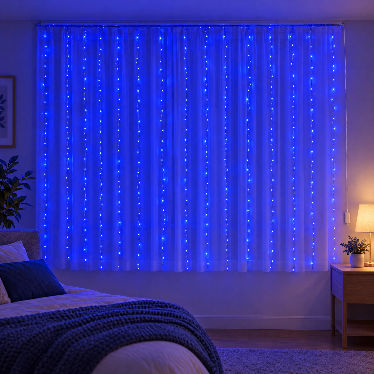 Waterfall Curtain LED Fairy Lights in 6 Colors, USB or Solar Powered - Blue - [Steady-On USB Model] 118.11*78.74 in 200 Lights