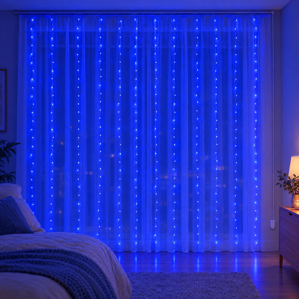 Waterfall Curtain LED Fairy Lights in 6 Colors, USB or Solar Powered - Blue - [Steady-On USB Model] 118.11*118.11 in 300 Lights