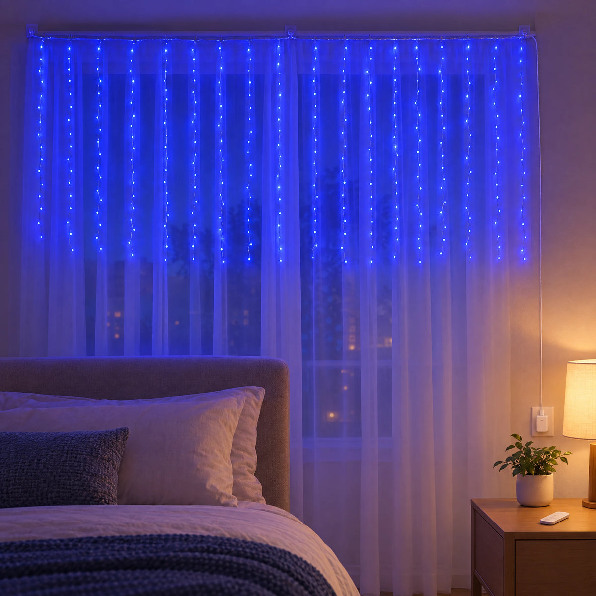Waterfall Curtain LED Fairy Lights in 6 Colors, USB or Solar Powered - Blue - [Hook Model] 118.11*39.37 in 100 Lights (Remote Control USB Model)