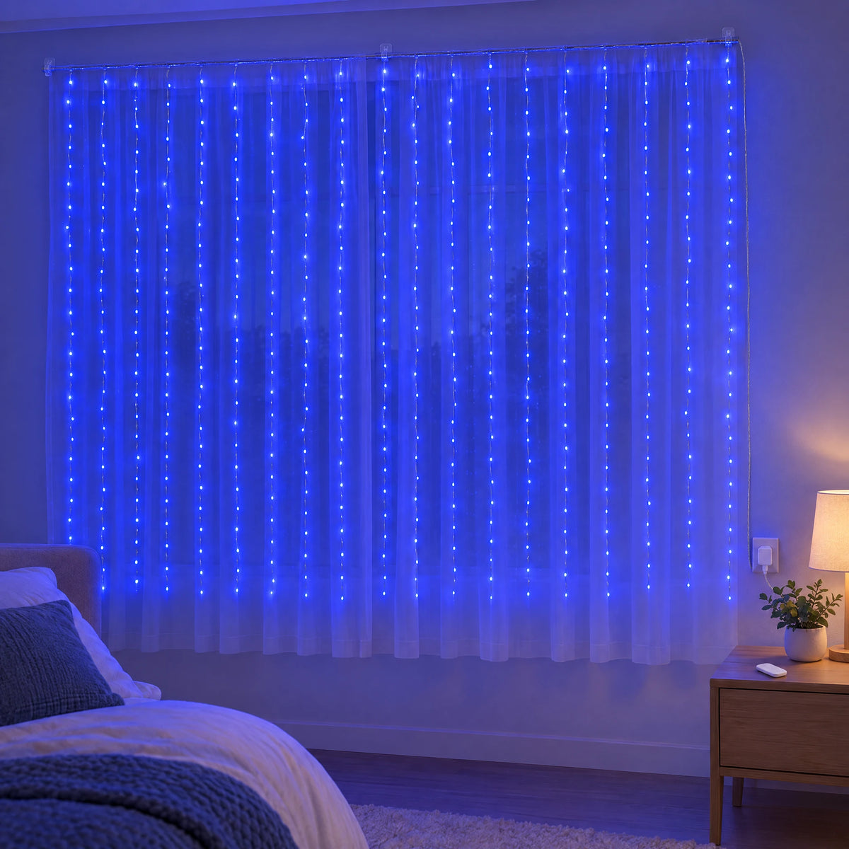 Waterfall Curtain LED Fairy Lights in 6 Colors, USB or Solar Powered - Blue - [Hook Model] 118.11*78.74 in 200 Lights (Remote Control USB Model)