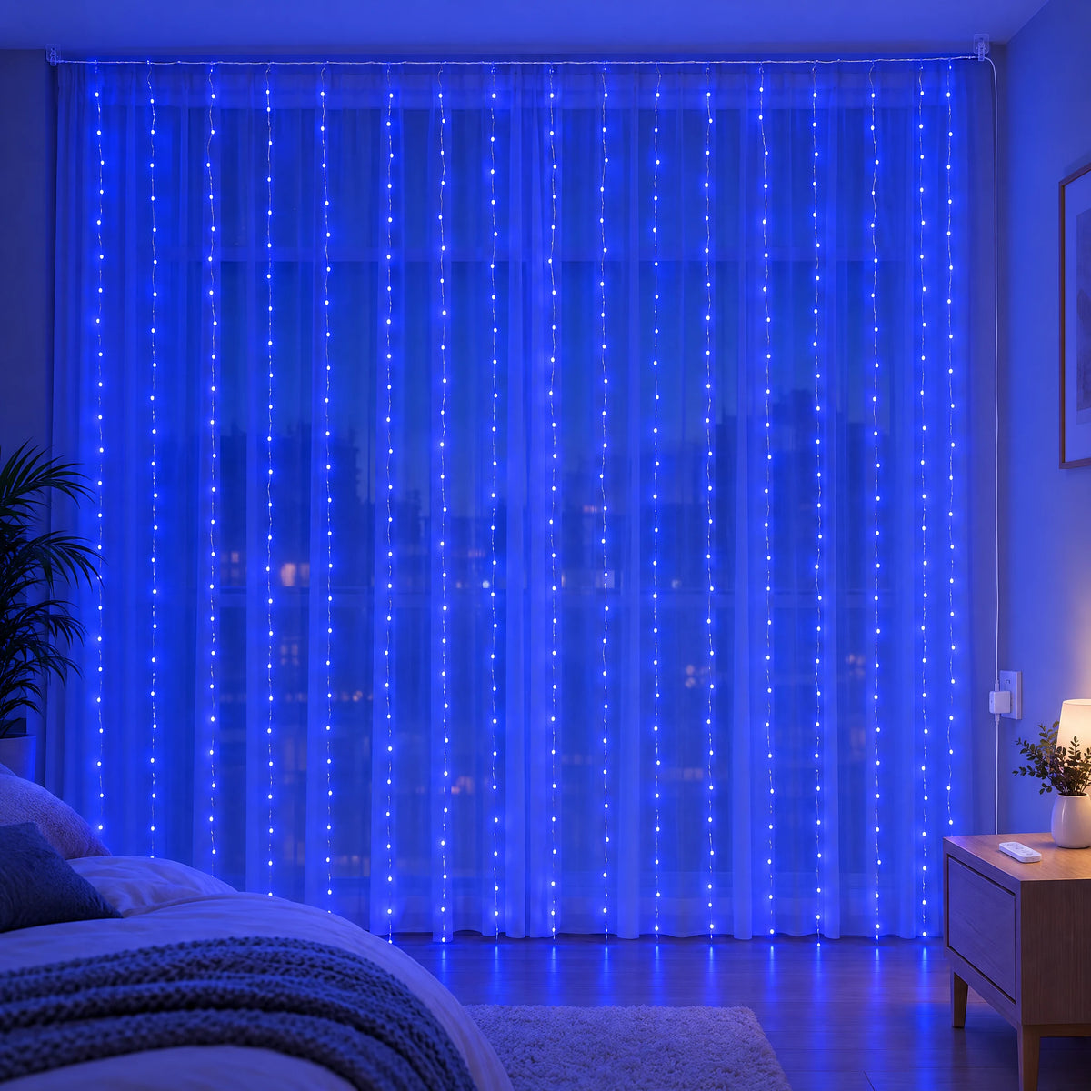 Waterfall Curtain LED Fairy Lights in 6 Colors, USB or Solar Powered - Blue - [Hook Model] 118.11*118.11 in 300 Lights (Remote Control USB Model)
