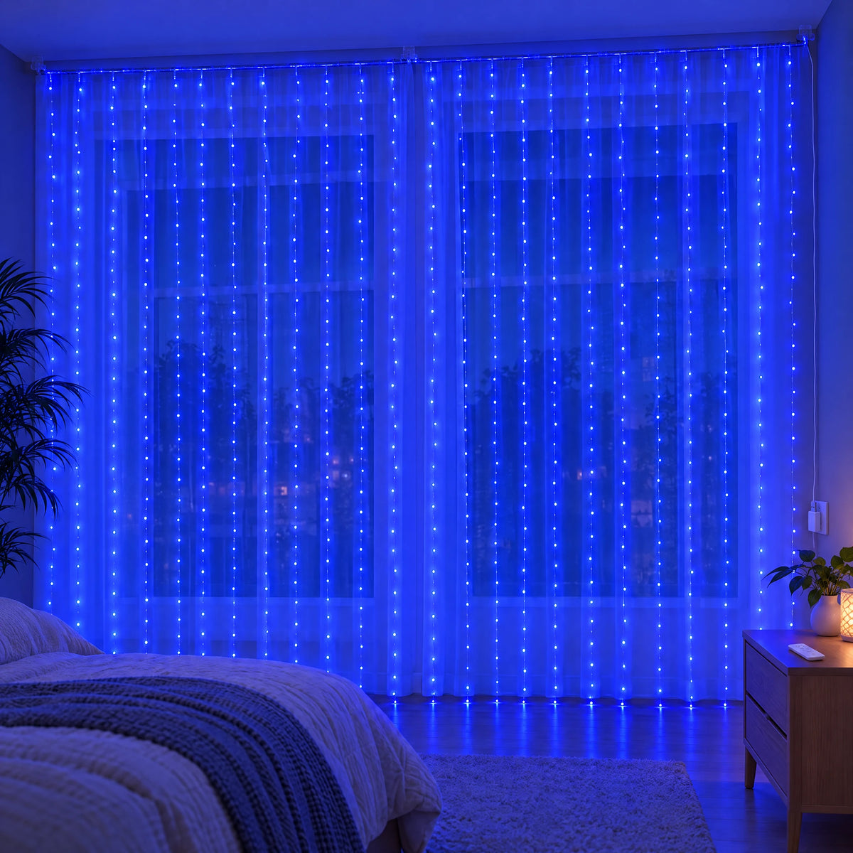 Waterfall Curtain LED Fairy Lights in 6 Colors, USB or Solar Powered - Blue - [Hook Model] 236.22*118.11 in 600 Lights (Remote Control USB Model)