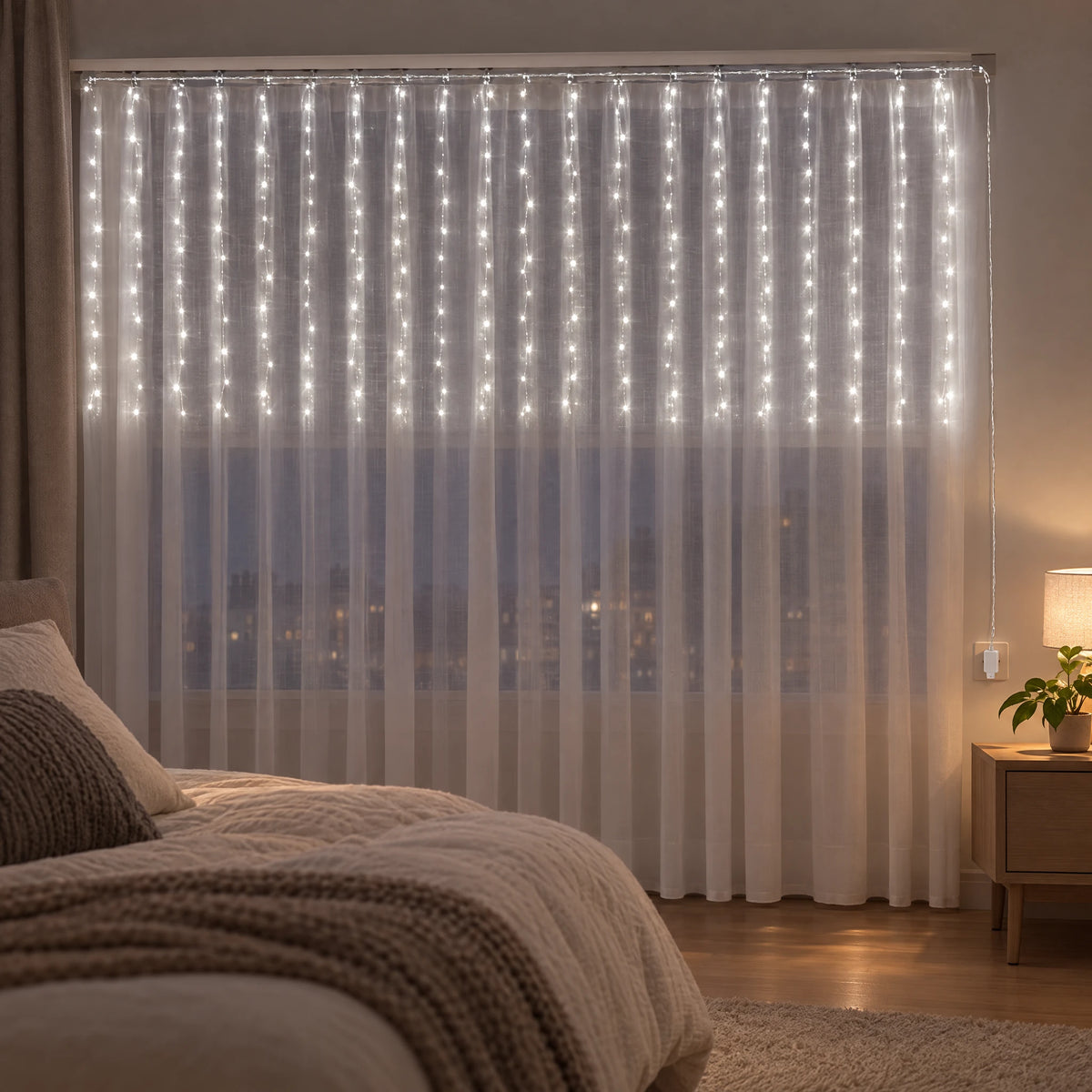 Waterfall Curtain LED Fairy Lights in 6 Colors, USB or Solar Powered - White - [Steady-On USB Model] 118.11*39.37 in 100 Lights