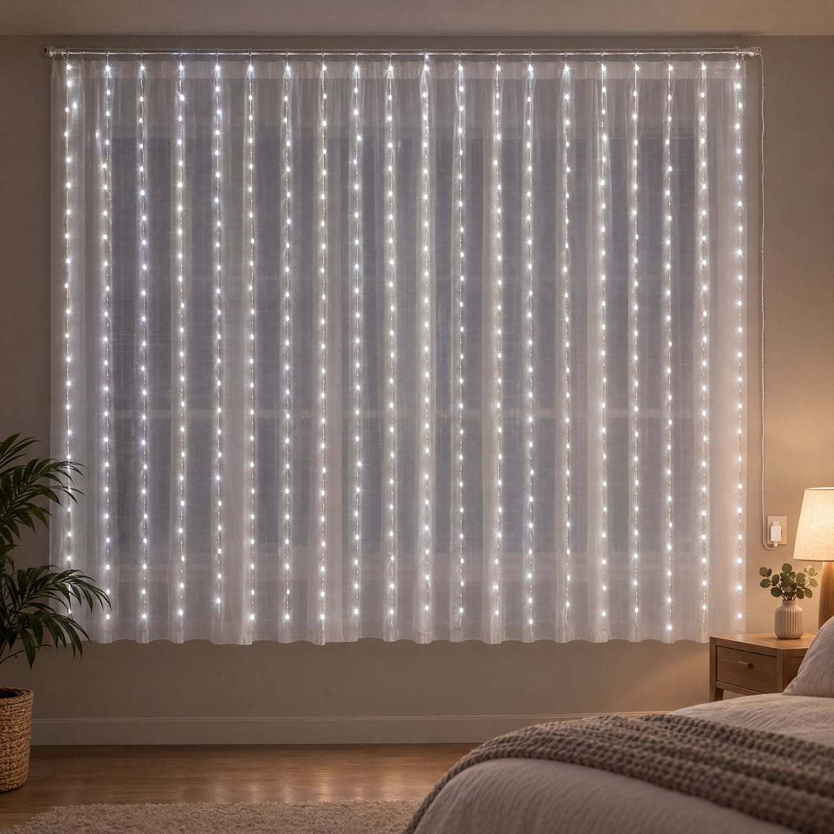 Waterfall Curtain LED Fairy Lights in 6 Colors, USB or Solar Powered - White - [Steady-On USB Model] 118.11*78.74 in 200 Lights