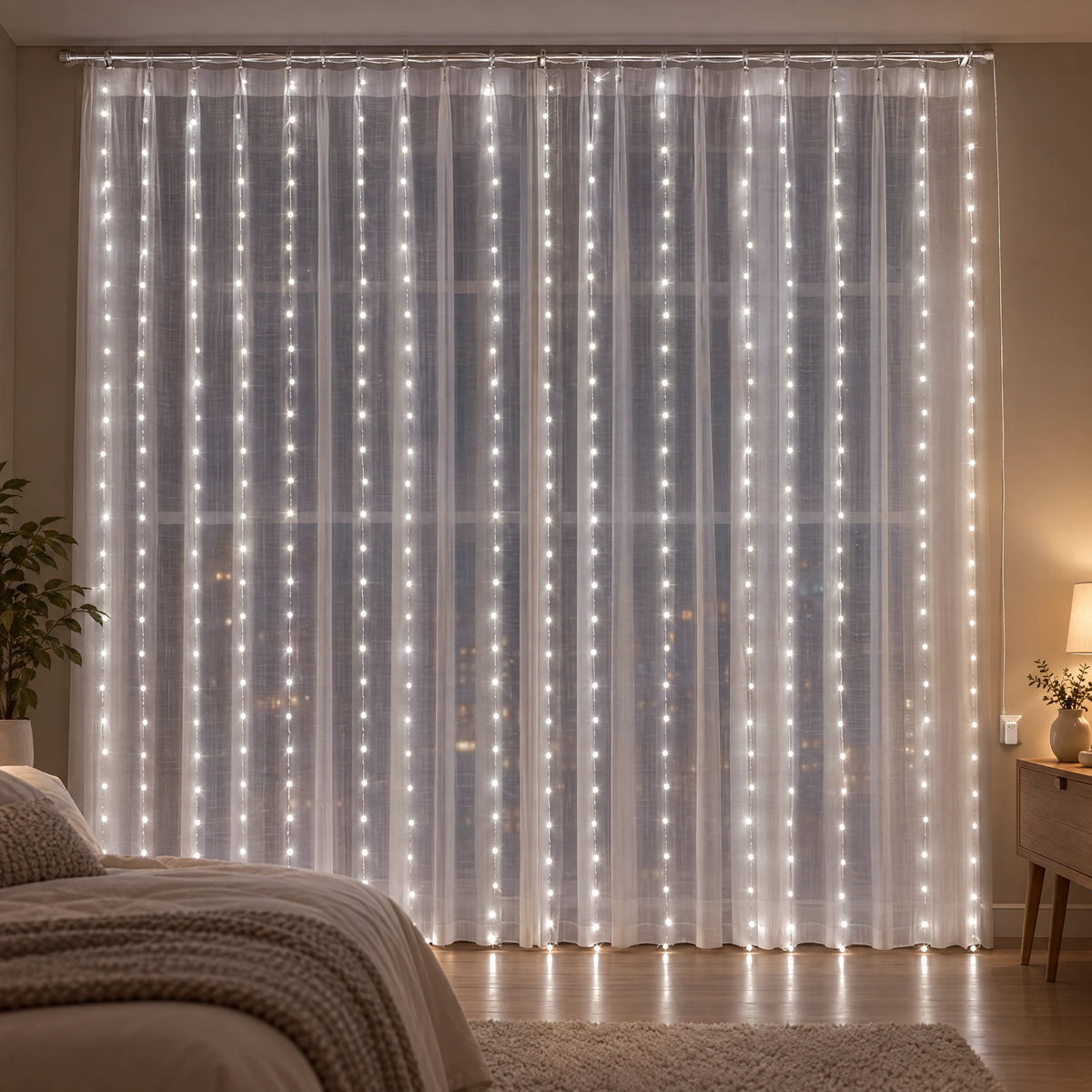 Waterfall Curtain LED Fairy Lights in 6 Colors, USB or Solar Powered - White - [Steady-On USB Model] 118.11*118.11 in 300 Lights