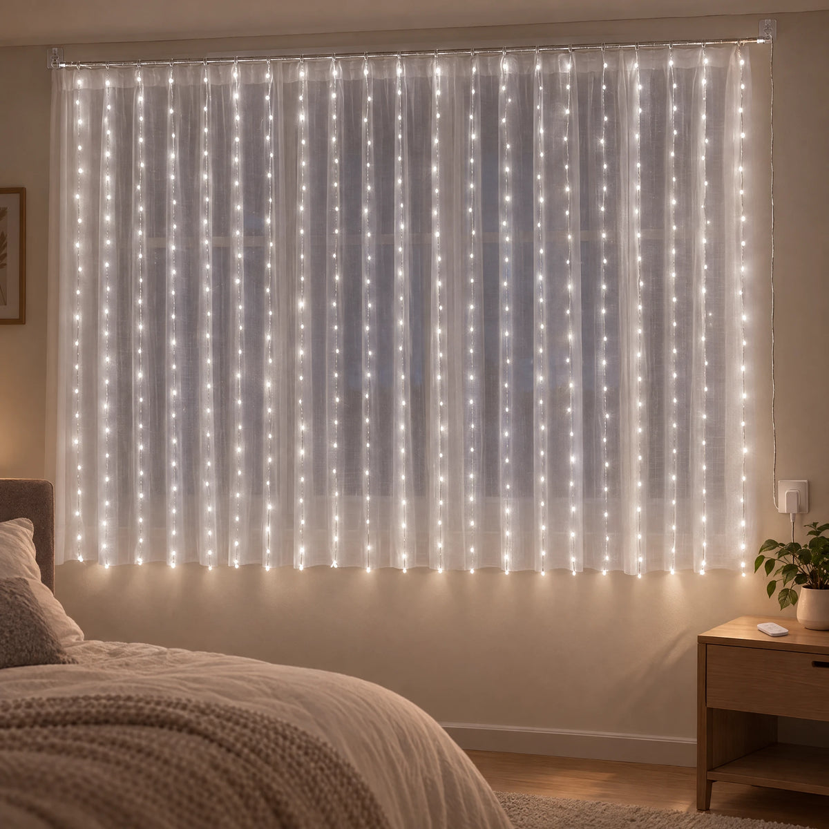 Waterfall Curtain LED Fairy Lights in 6 Colors, USB or Solar Powered - White - [Hook Model] 118.11*78.74 in 200 Lights (Remote Control USB Model)