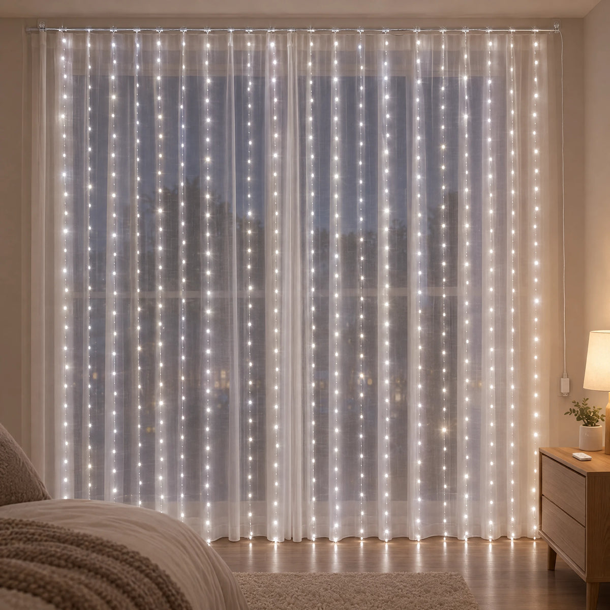 Waterfall Curtain LED Fairy Lights in 6 Colors, USB or Solar Powered - White - [Hook Model] 118.11*118.11 in 300 Lights (Remote Control USB Model)