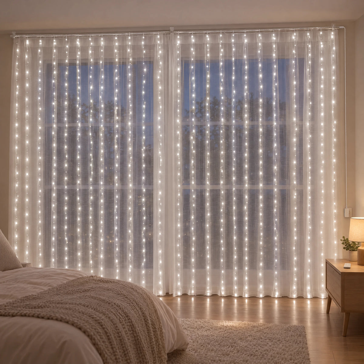 Waterfall Curtain LED Fairy Lights in 6 Colors, USB or Solar Powered - White - [Hook Model] 236.22*118.11 in 600 Lights (Remote Control USB Model)