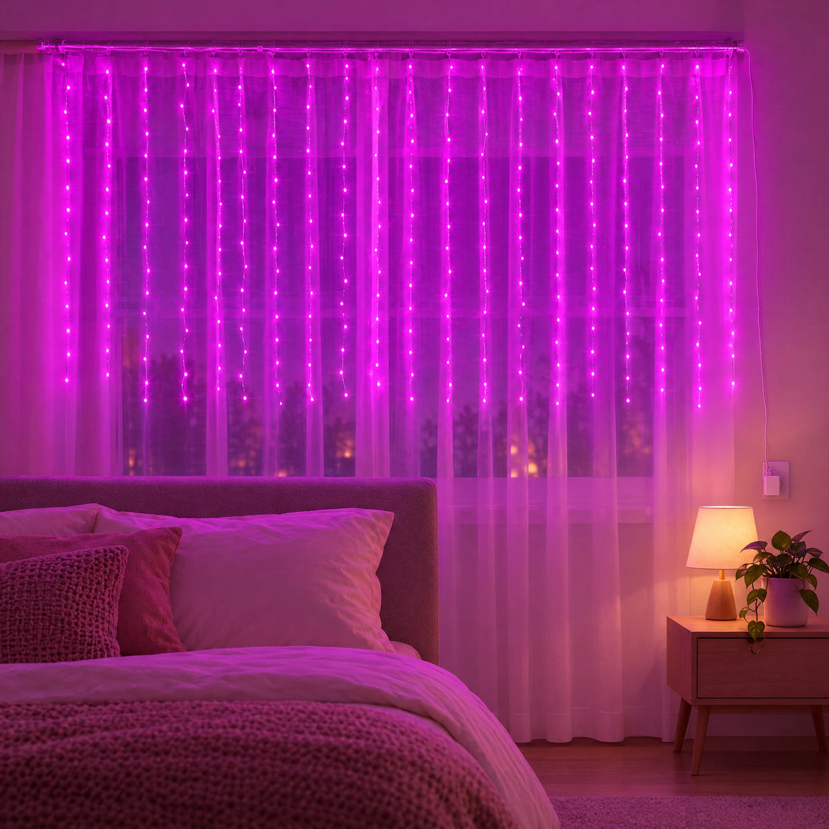 Waterfall Curtain LED Fairy Lights in 6 Colors, USB or Solar Powered - Pink - [Steady-On USB Model] 118.11*39.37 in 100 Lights