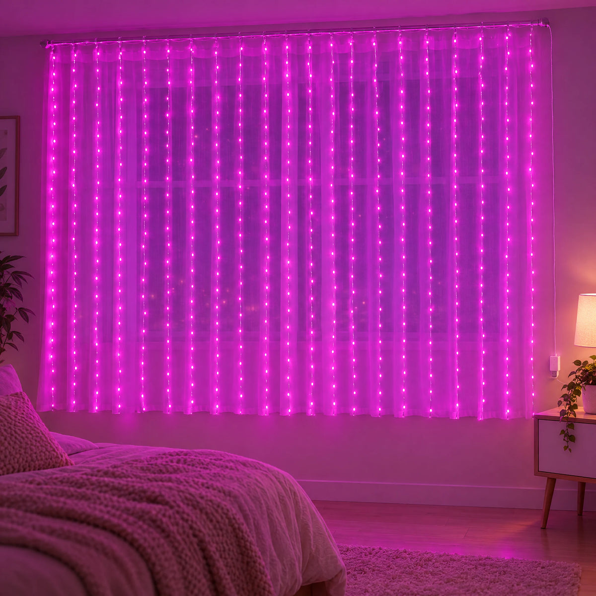 Waterfall Curtain LED Fairy Lights in 6 Colors, USB or Solar Powered - Pink - [Steady-On USB Model] 118.11*78.74 in 200 Lights