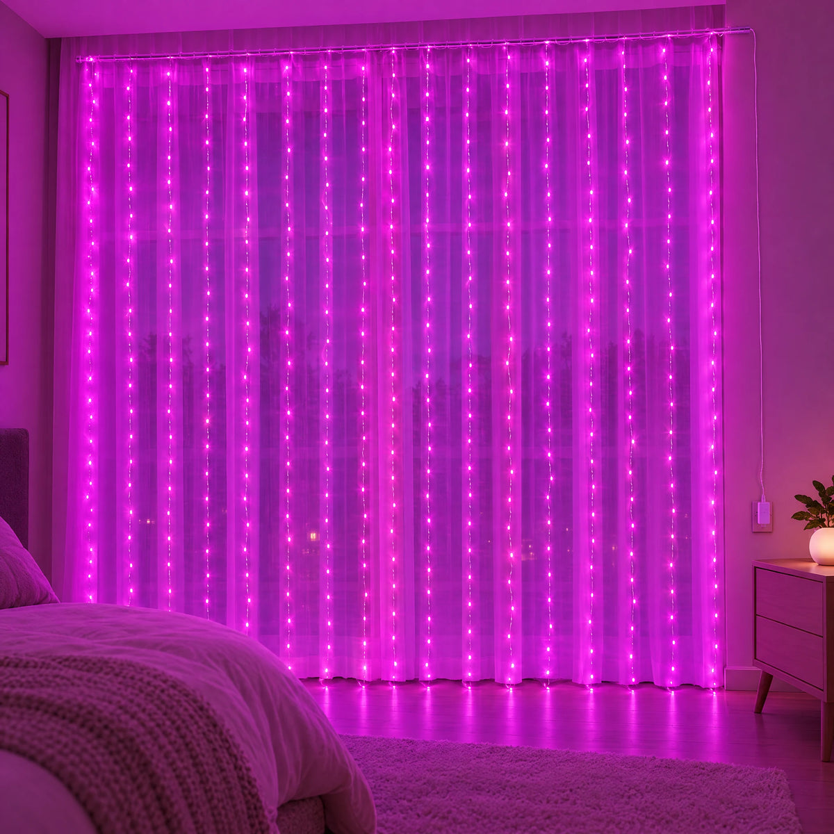 Waterfall Curtain LED Fairy Lights in 6 Colors, USB or Solar Powered - Pink - [Steady-On USB Model] 118.11*118.11 in 300 Lights
