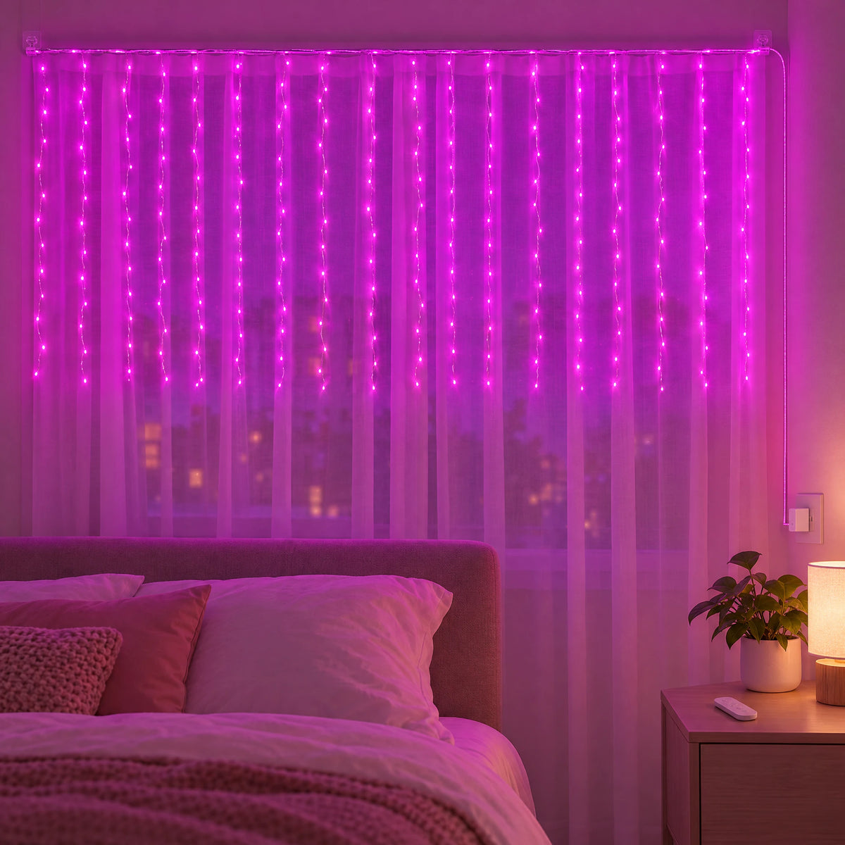 Waterfall Curtain LED Fairy Lights in 6 Colors, USB or Solar Powered - Pink - [Hook Model] 118.11*39.37 in 100 Lights (Remote Control USB Model)