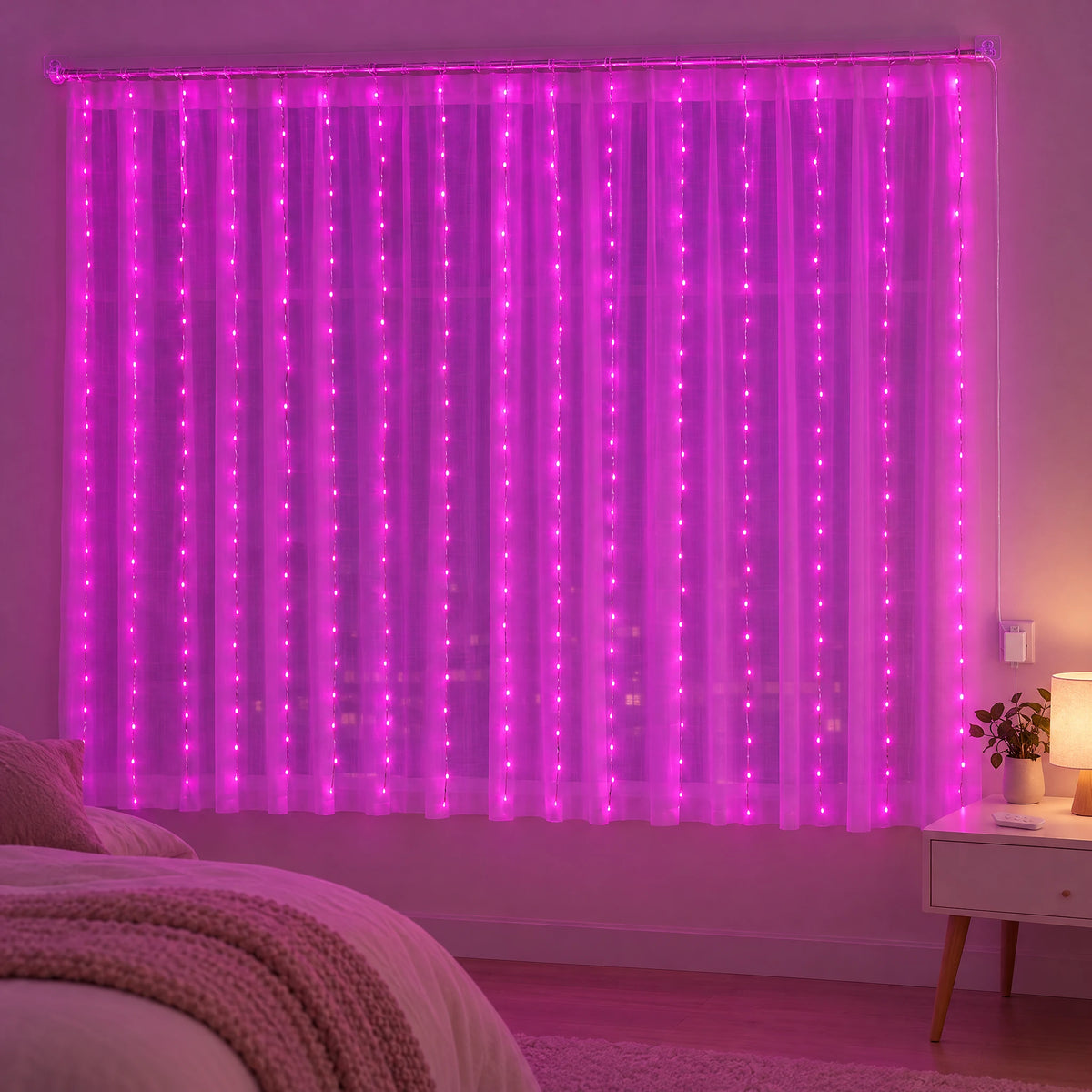 Waterfall Curtain LED Fairy Lights in 6 Colors, USB or Solar Powered - Pink - [Hook Model] 118.11*78.74 in 200 Lights (Remote Control USB Model)