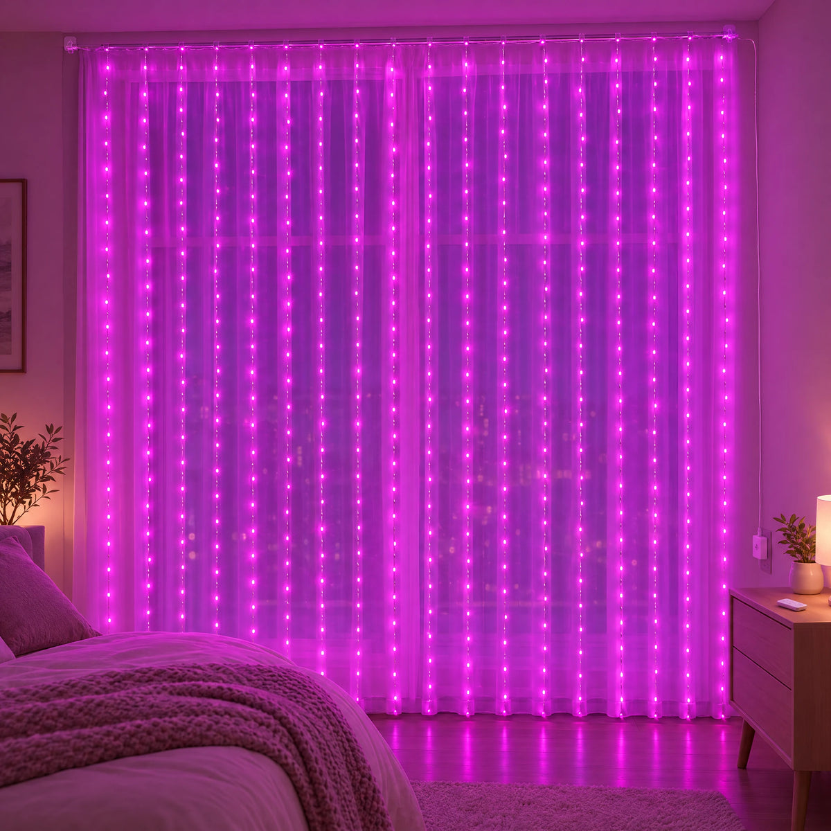 Waterfall Curtain LED Fairy Lights in 6 Colors, USB or Solar Powered - Pink - [Hook Model] 118.11*118.11 in 300 Lights (Remote Control USB Model)