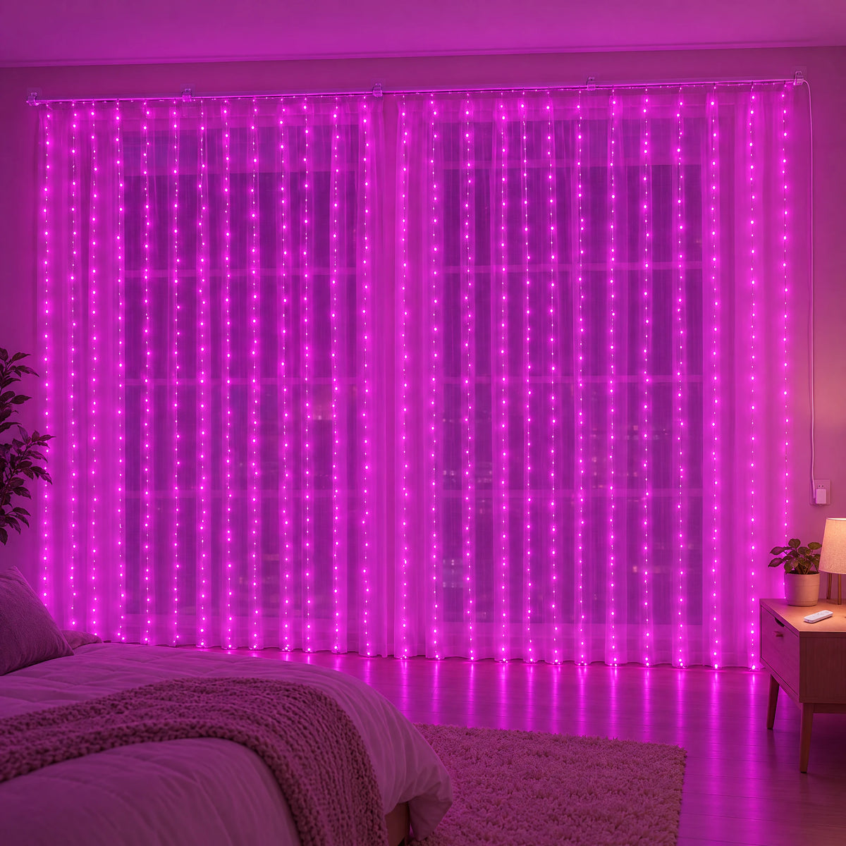 Waterfall Curtain LED Fairy Lights in 6 Colors, USB or Solar Powered - Pink - [Hook Model] 236.22*118.11 in 600 Lights (Remote Control USB Model)