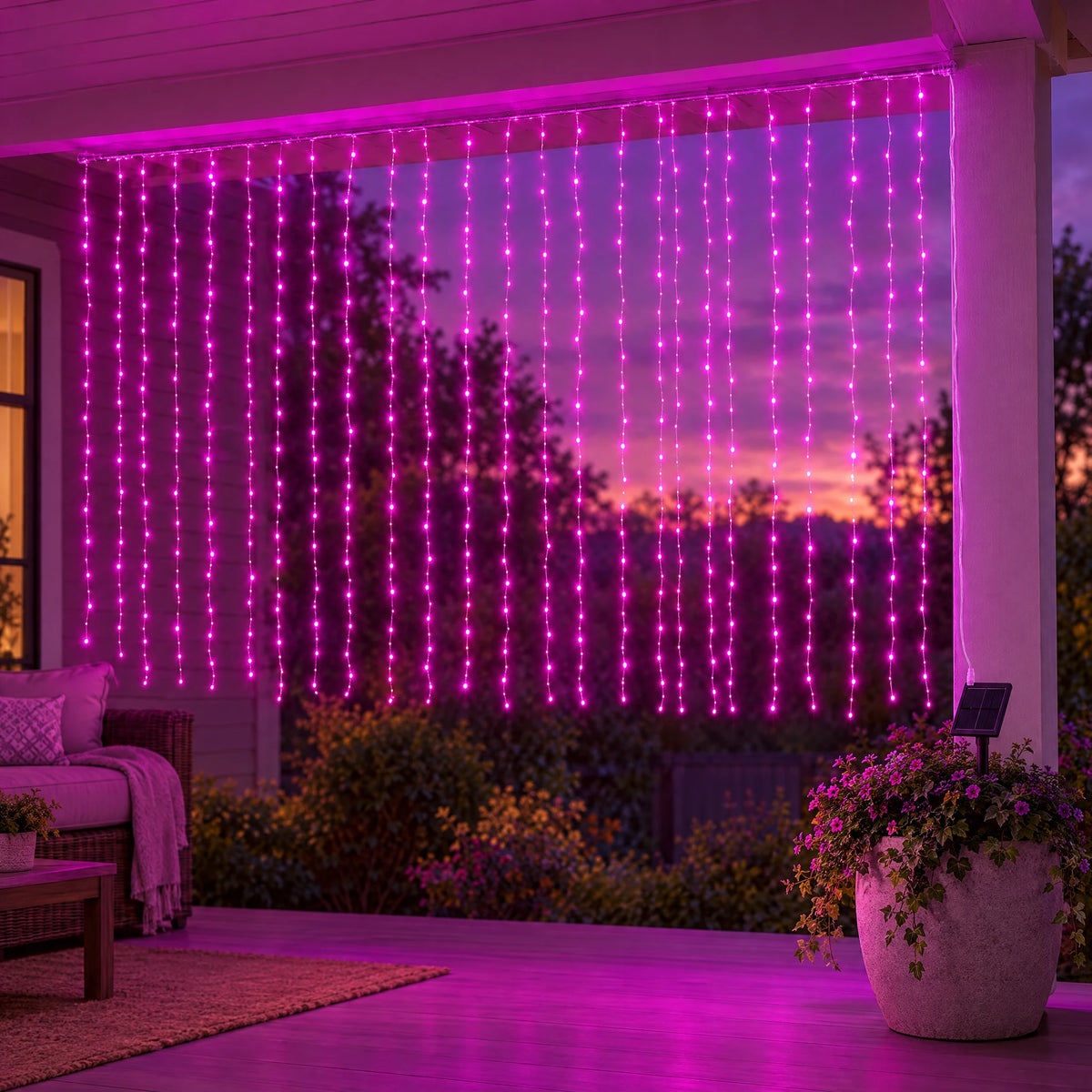 Waterfall Curtain LED Fairy Lights in 6 Colors, USB or Solar Powered - Pink - [Solar Model] 118.11*78.74 in 200 Lights