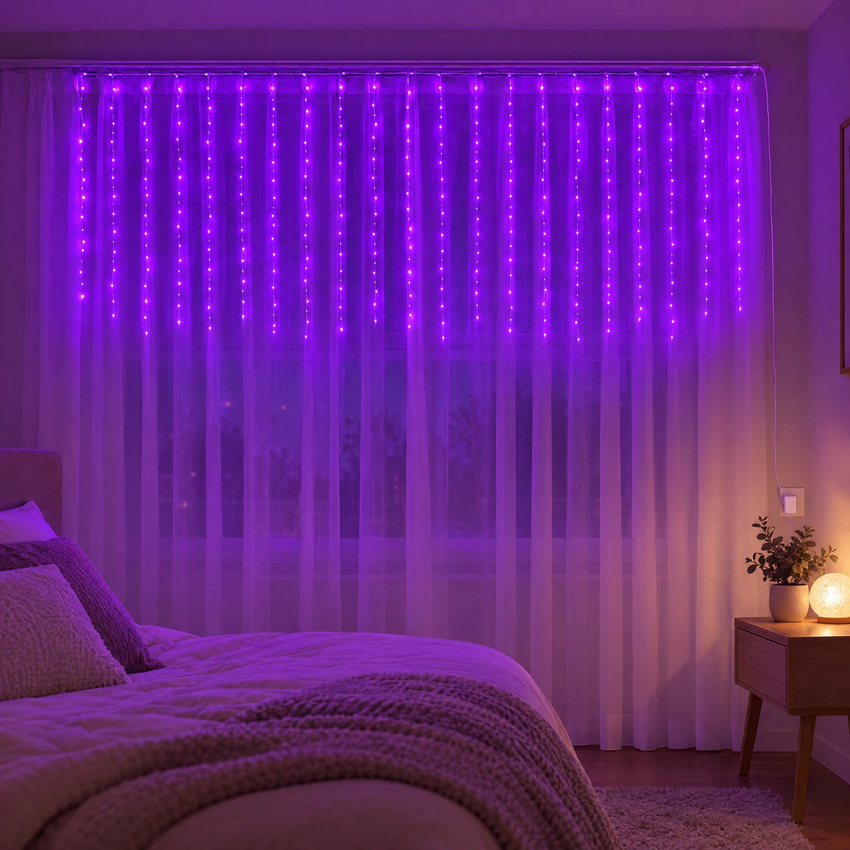 Waterfall Curtain LED Fairy Lights in 6 Colors, USB or Solar Powered - Purple - [Steady-On USB Model] 118.11*39.37 in 100 Lights
