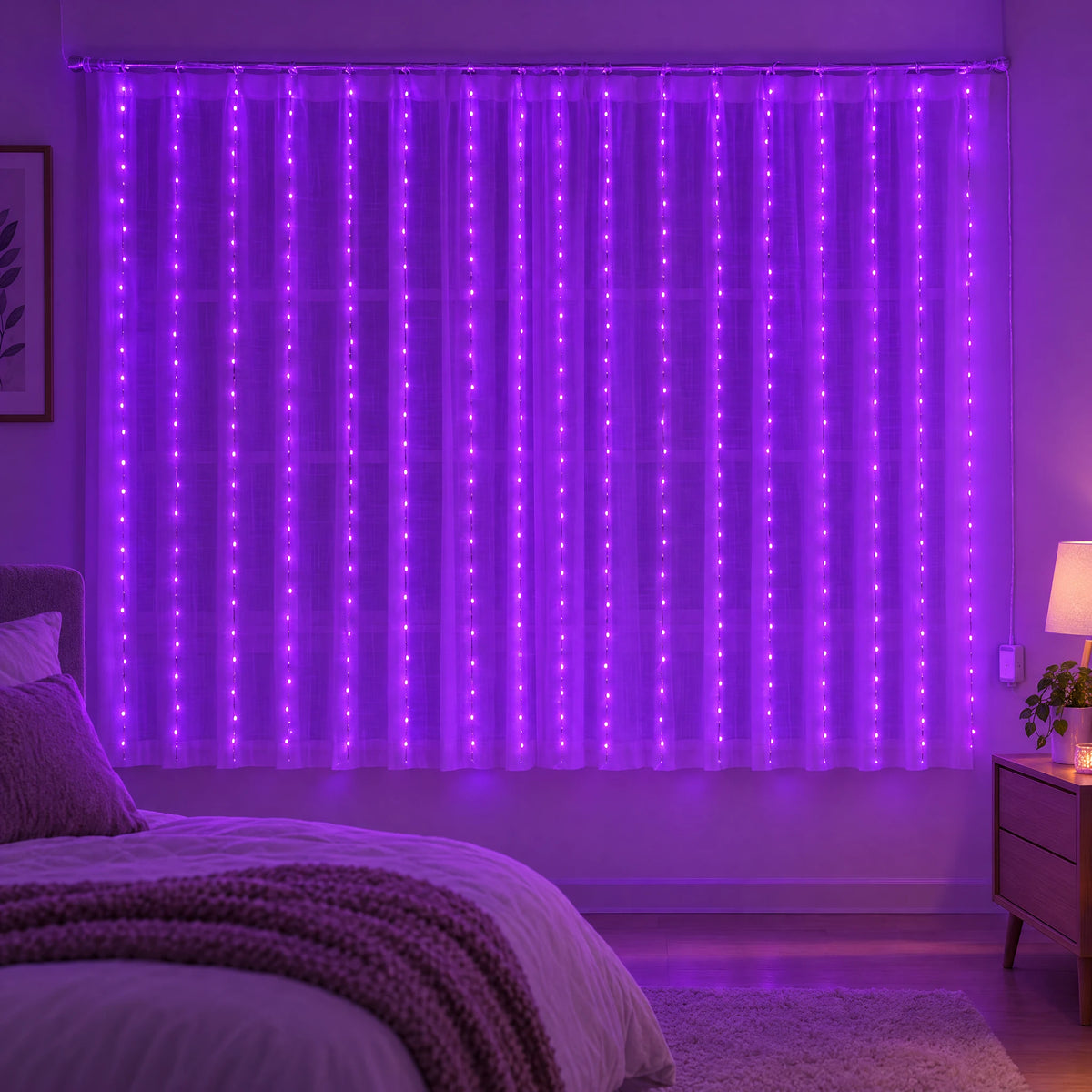 Waterfall Curtain LED Fairy Lights in 6 Colors, USB or Solar Powered - Purple - [Steady-On USB Model] 118.11*78.74 in 200 Lights