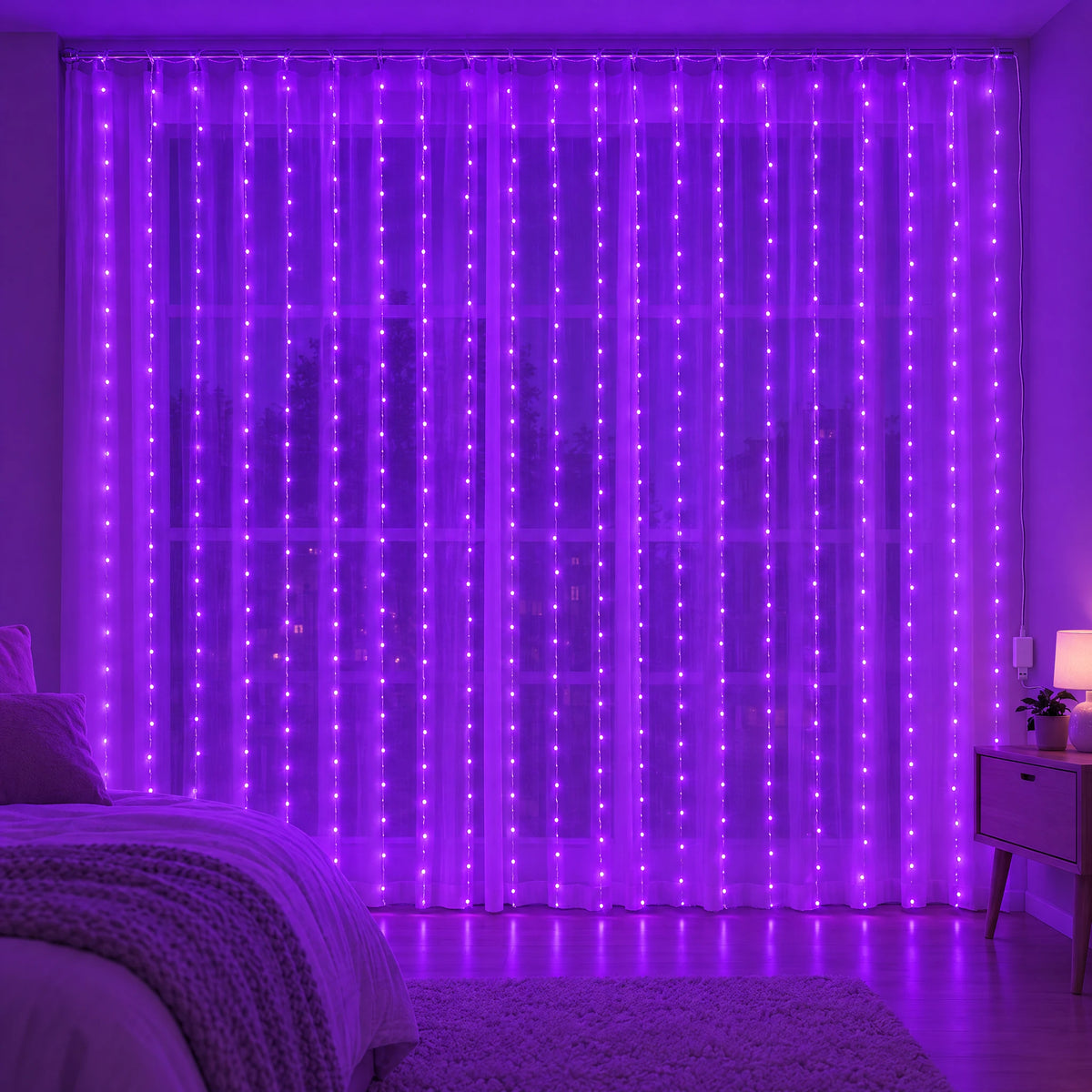 Waterfall Curtain LED Fairy Lights in 6 Colors, USB or Solar Powered - Purple - [Steady-On USB Model] 118.11*118.11 in 300 Lights