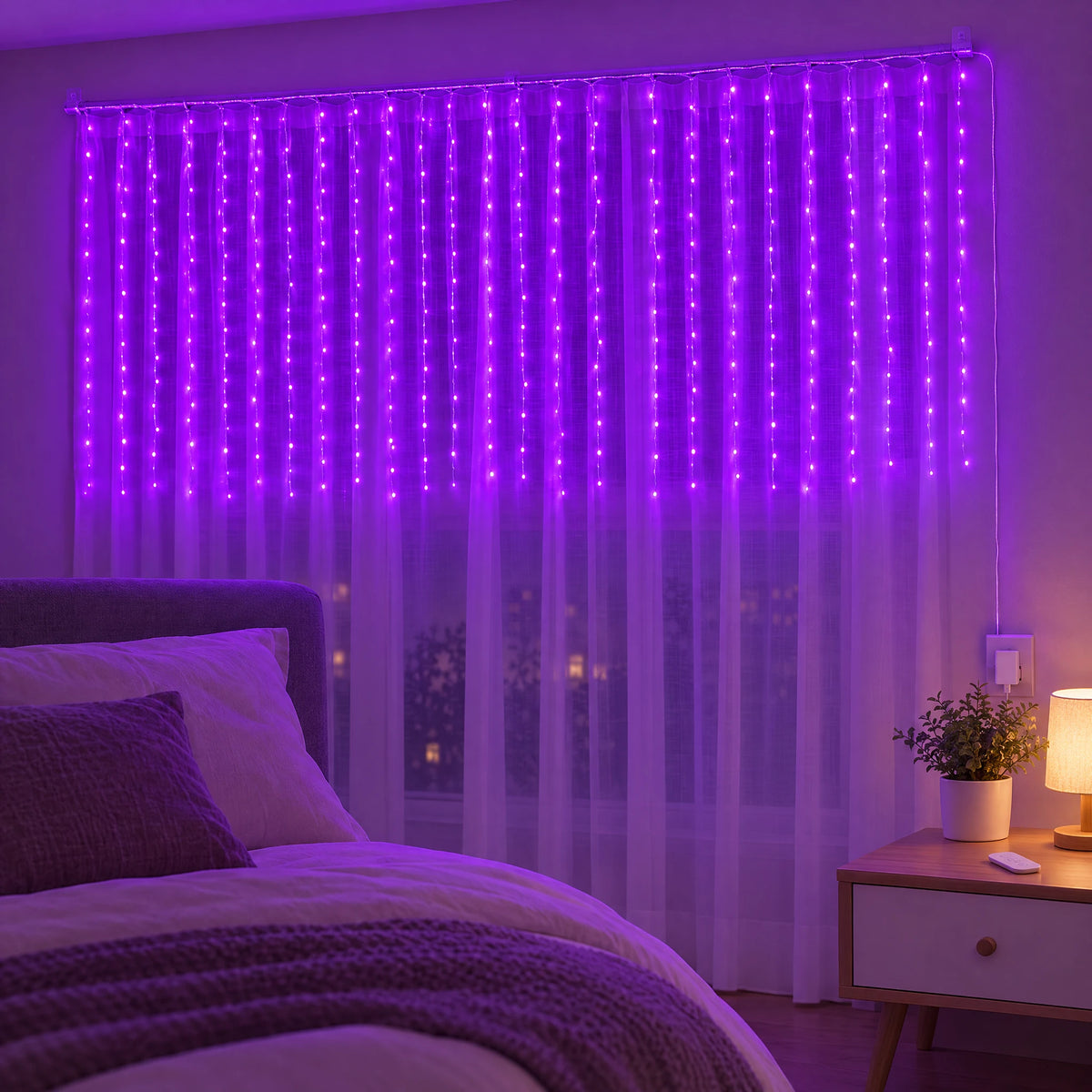 Waterfall Curtain LED Fairy Lights in 6 Colors, USB or Solar Powered - Purple - [Hook Model] 118.11*39.37 in 100 Lights (Remote Control USB Model)